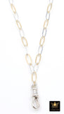 Mixed Metal Paperclip Chain Fob Necklace, 14 K Gold Filled & Sterling Silver, 925 Sterling Silver Swivel Clip Two Tone Oval Link