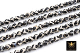 Tibetan Natural Faceted Agate Beads, DZI Agate Black and Beige White Color Beads BS #65, sizes 6 mm 8 mm or 10 mm 15 inch FULL Strands