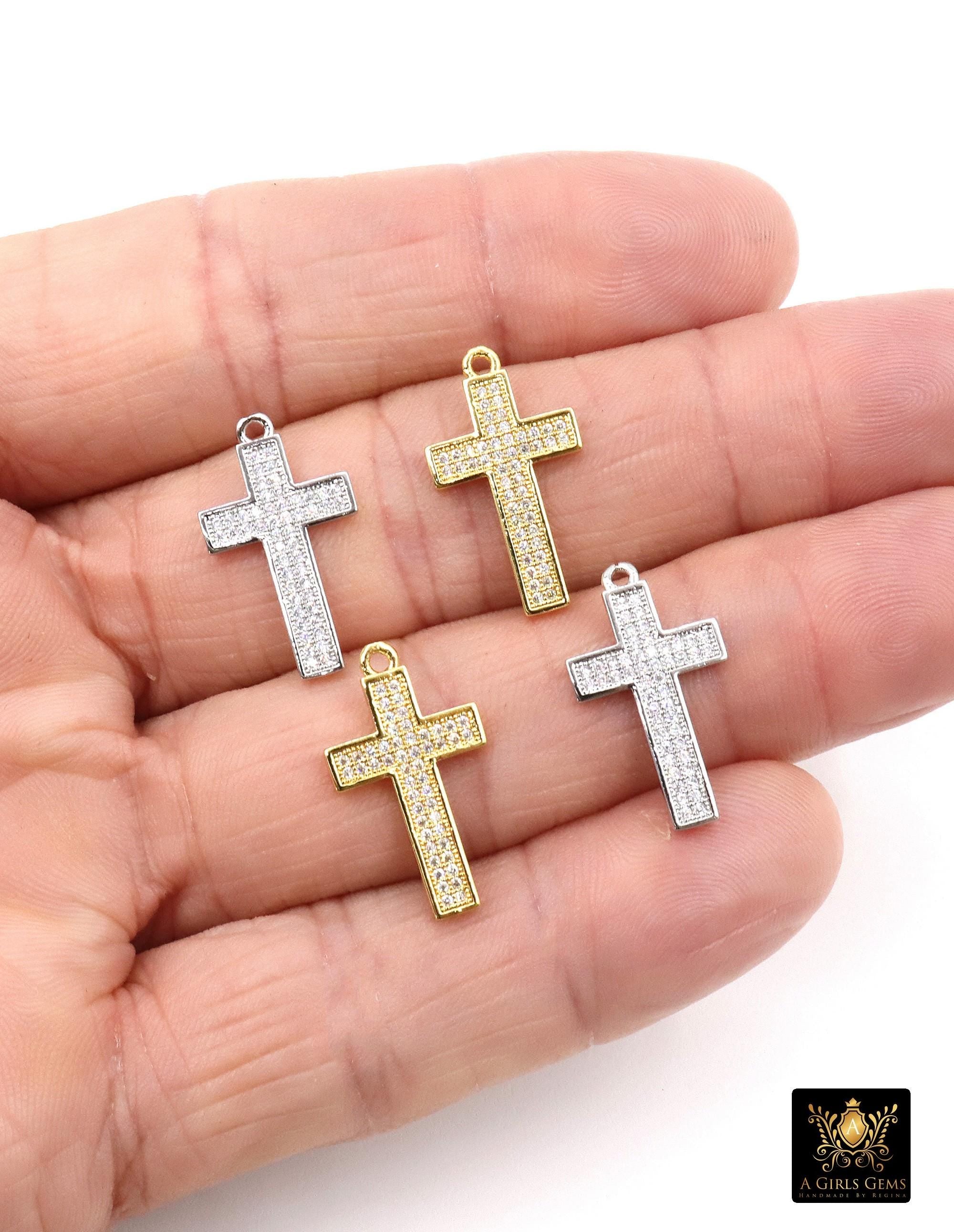 Gold CZ Pave Cross Charms, Silver Cross Charms for Bracelet or Necklace AG 3671, Cubic Zirconia Charms