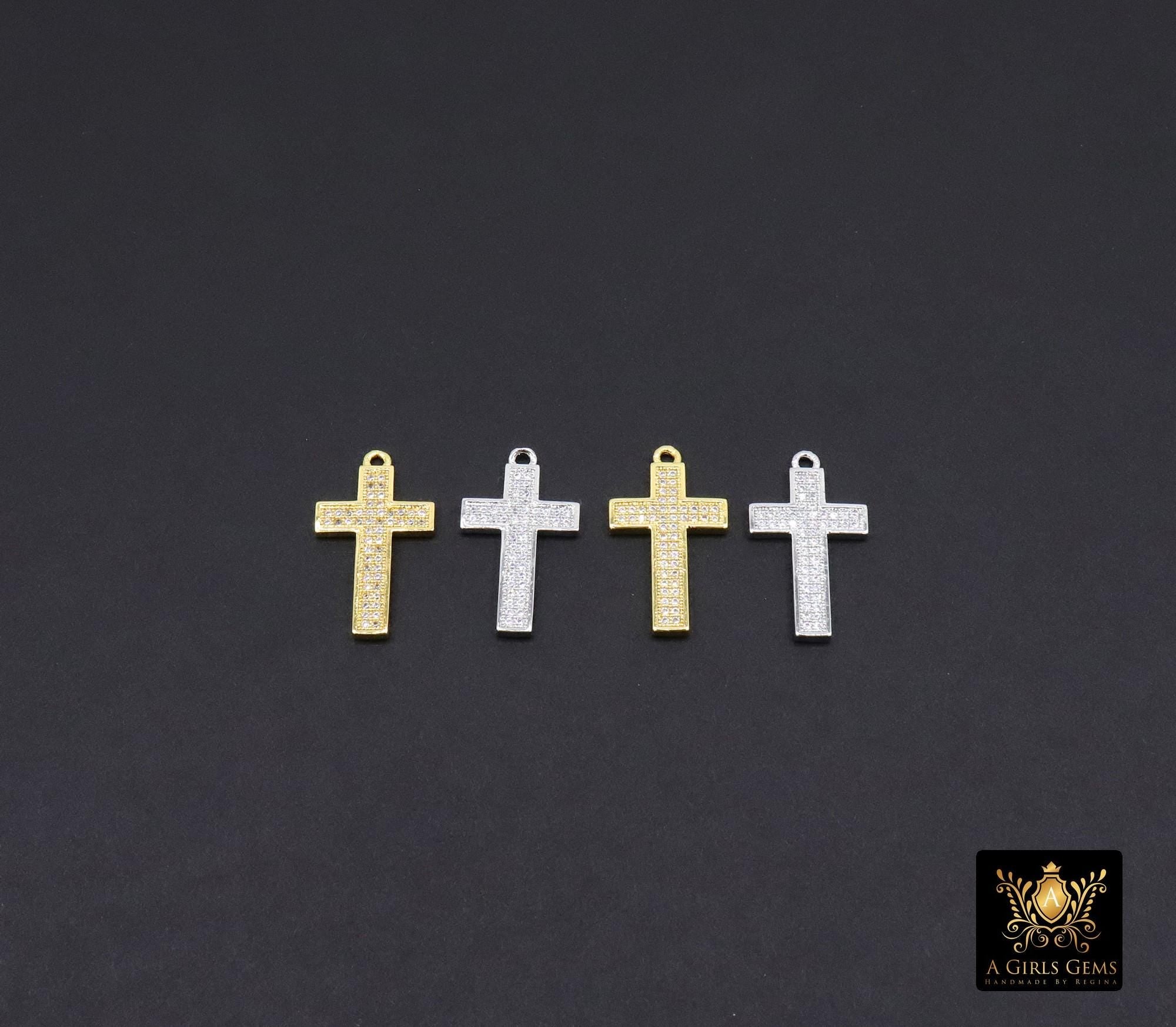 Gold CZ Pave Cross Charms, Silver Cross Charms for Bracelet or Necklace, Cubic Zirconia Charms