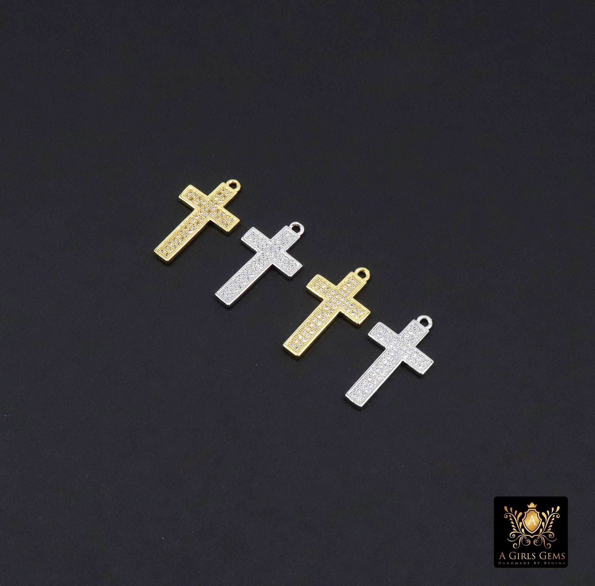 Gold CZ Pave Cross Charms, Silver Cross Charms for Bracelet or Necklace AG 3671, Cubic Zirconia Charms