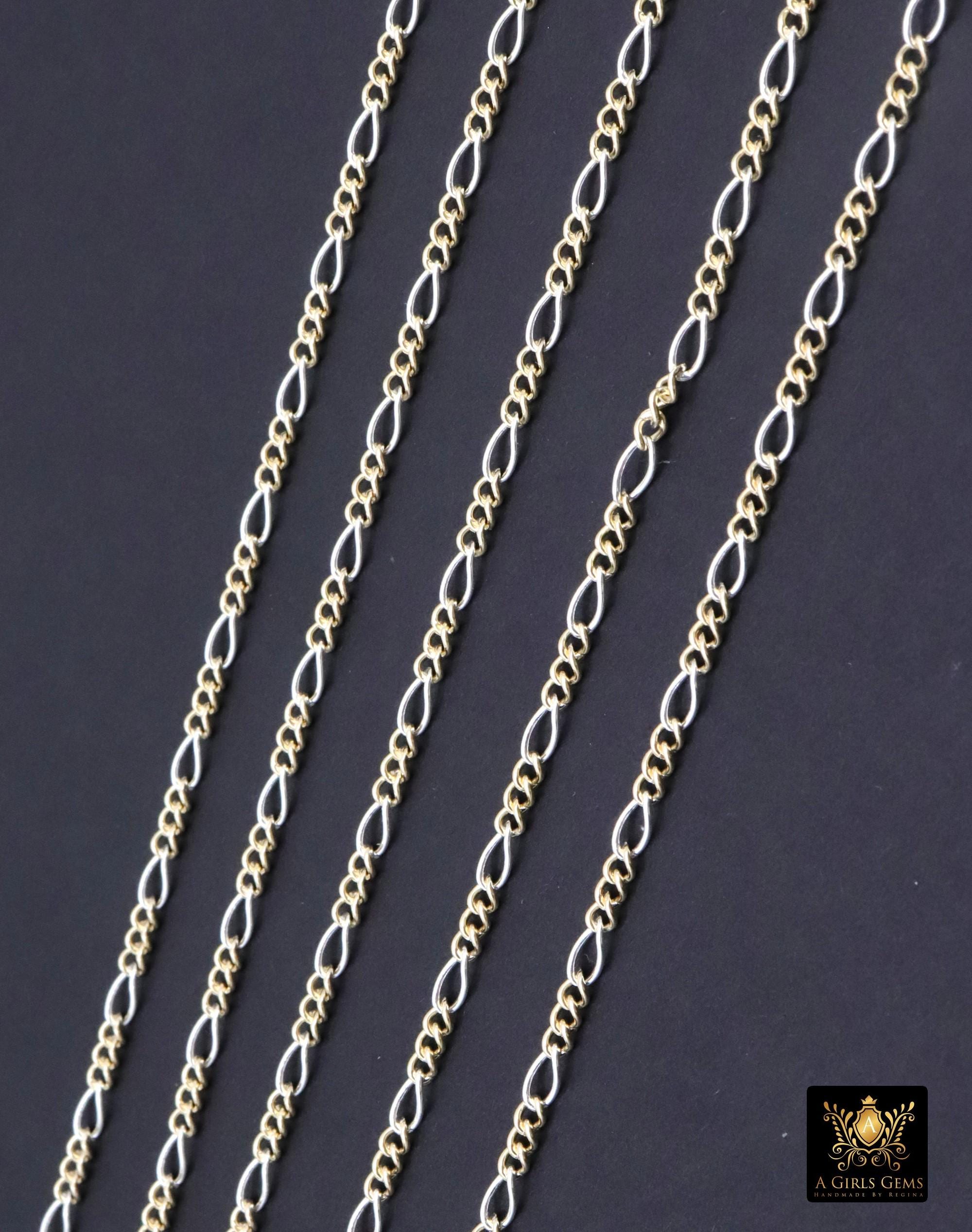 14 K Gold Filled Mixed Metal Figaro Chain, 6.2 mm 925 Sterling Silver Two Tone 3/1, By The Foot CH# 896