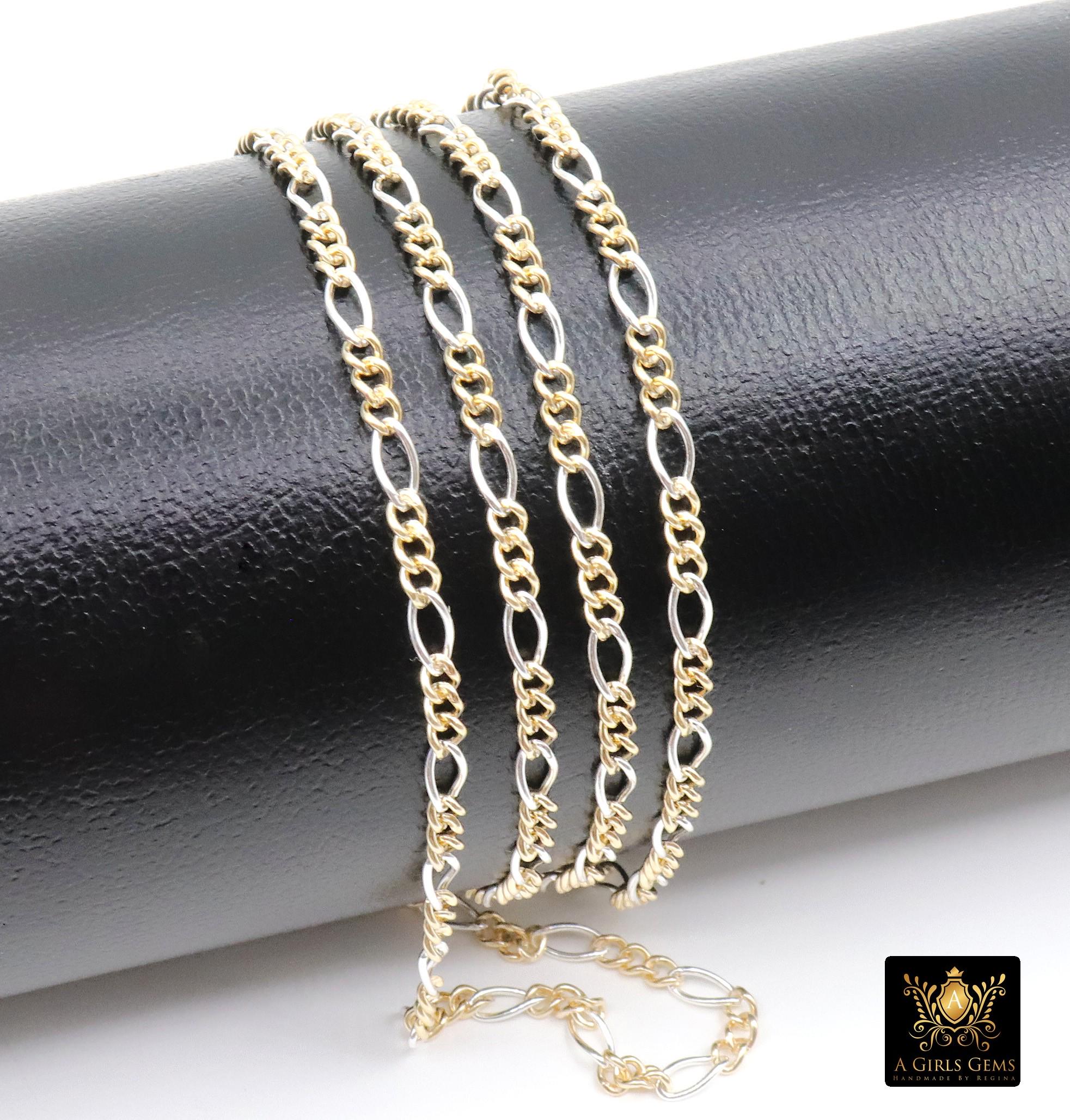 14 K Gold Filled Mixed Metal Figaro Chain, 6.2 mm 925 Sterling Silver Two Tone 3/1, By The Foot CH# 896