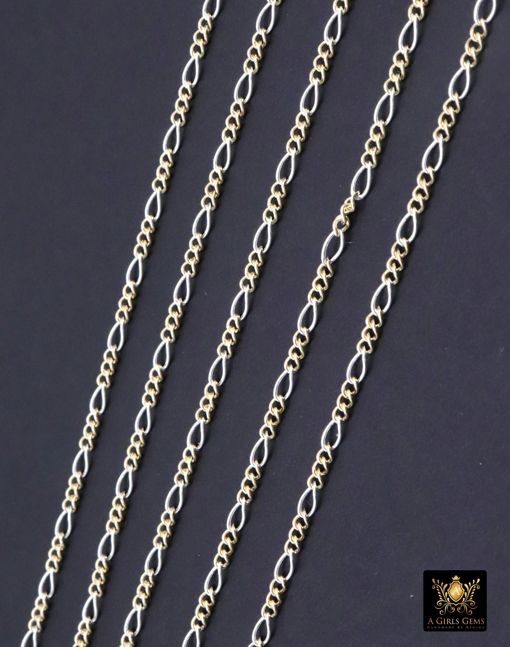 14 K Gold Filled Mixed Metal Figaro Chain, 6.2 mm 925 Sterling Silver Two Tone 3/1, By The Foot CH# 896