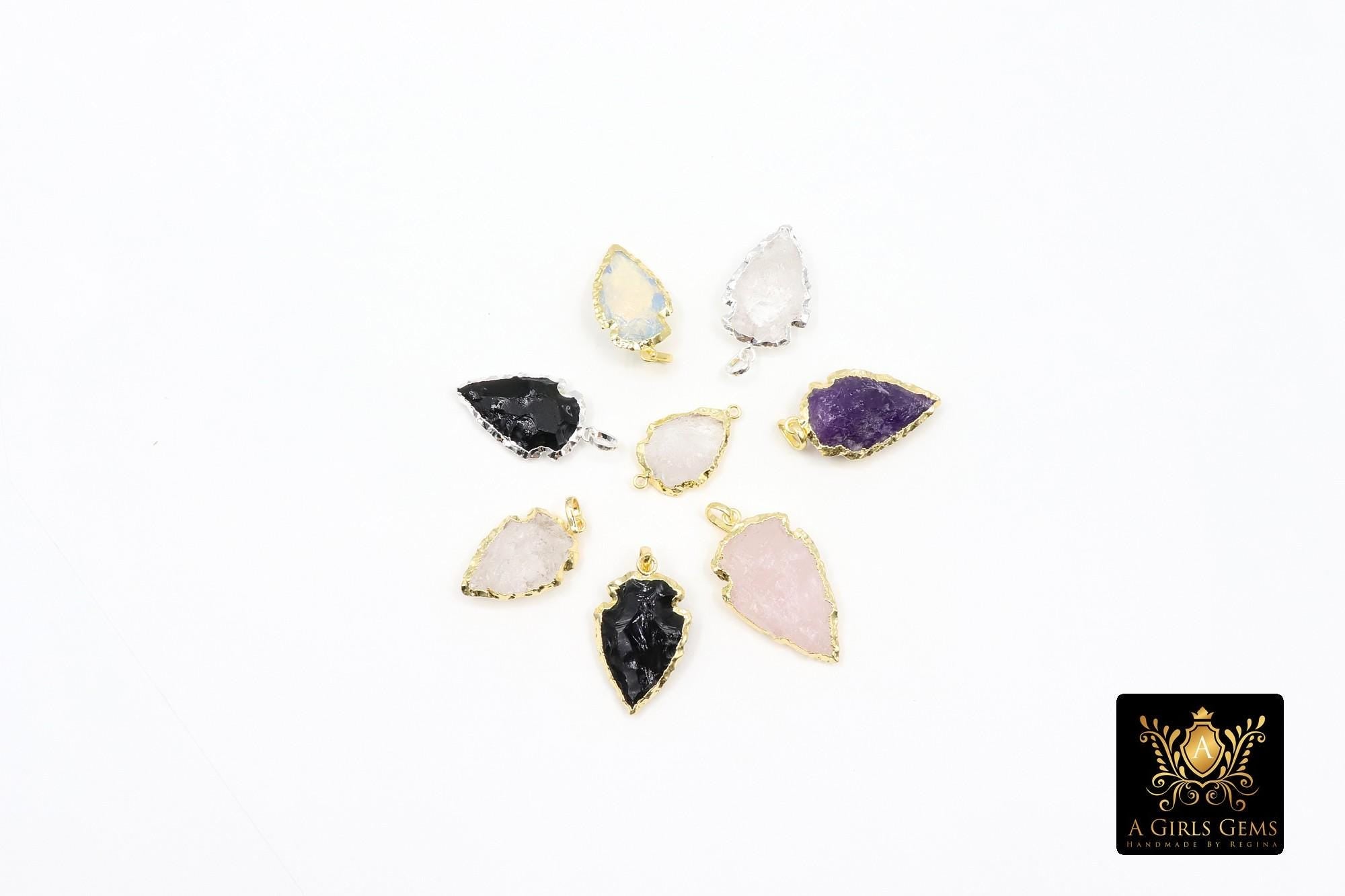 Black Obsidian Arrowhead Charm, Small Gold or Silver Edge Opalite AG 658, Raw Crystal Quartz Arrow Tribal Pendants
