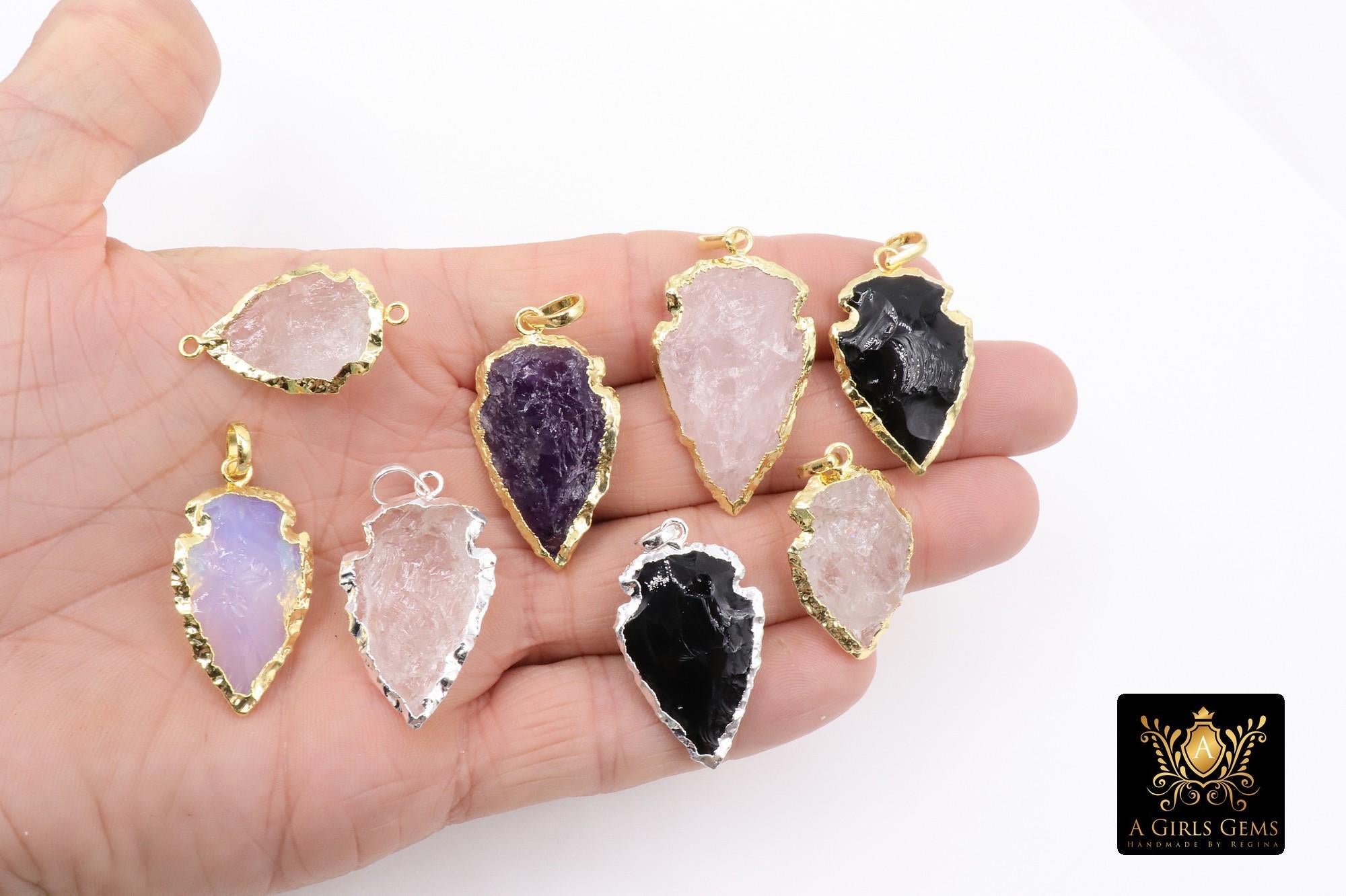 Black Obsidian Arrowhead Charm, Small Gold or Silver Edge Opalite AG 658, Raw Crystal Quartz Arrow Tribal Pendants