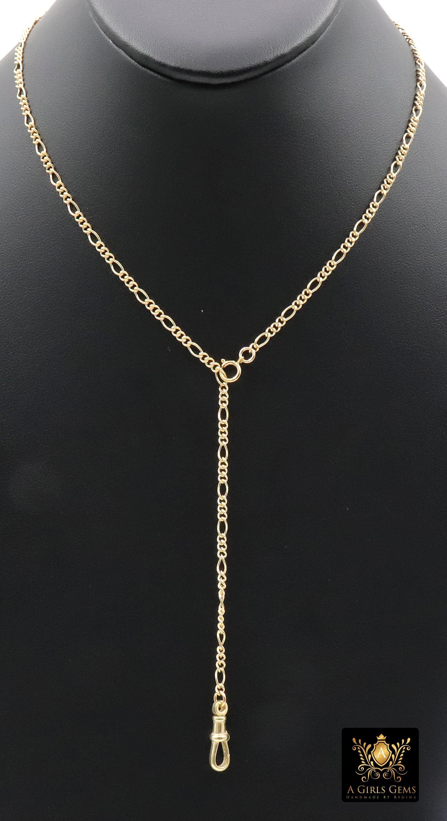 925 Sterling Silver Swivel Fob Figaro Necklace, 14 K Gold Filled Double Charms Chain Adjustable Lariat Choker, Figaro Charm Necklace