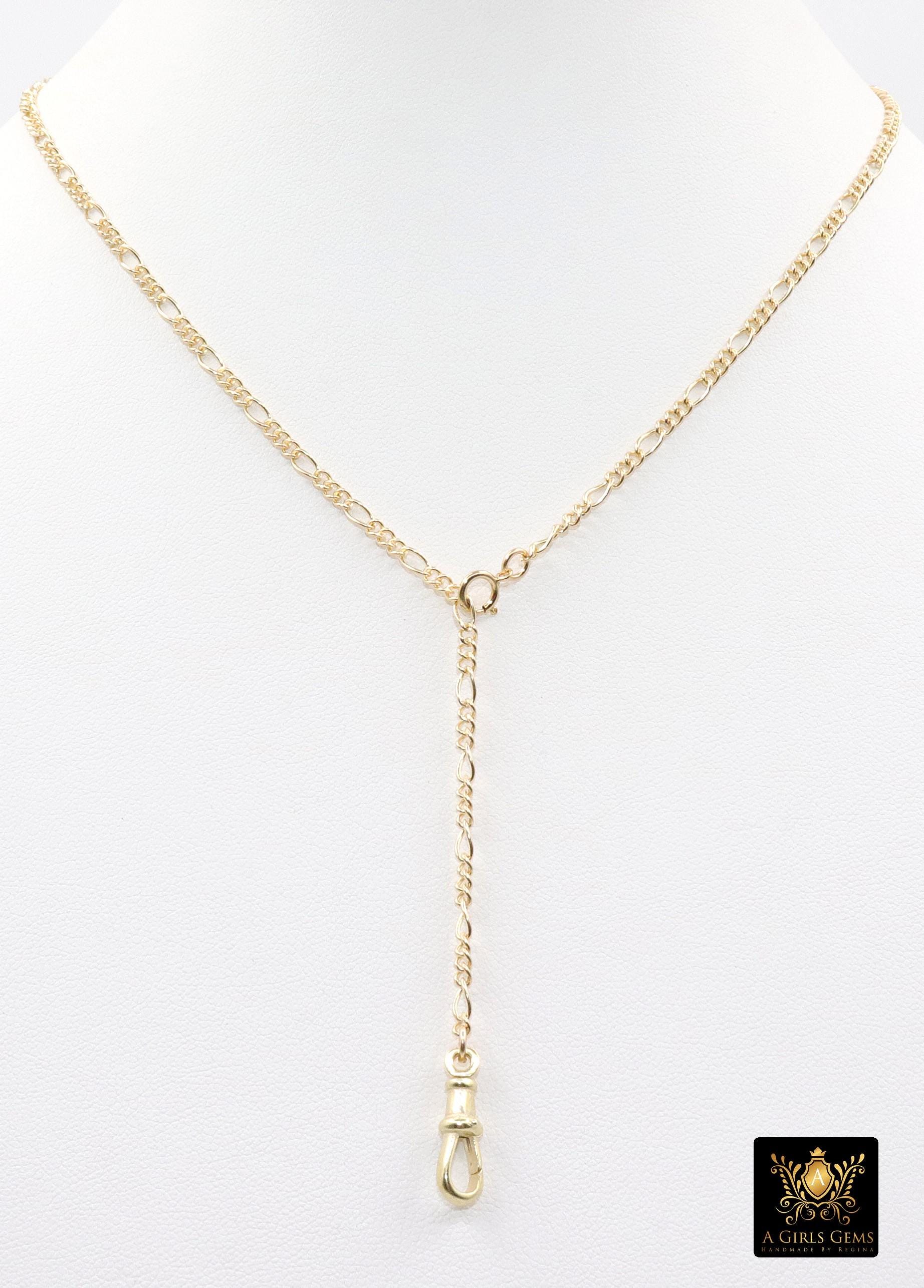 925 Sterling Silver Swivel Fob Figaro Necklace, 14 K Gold Filled Double Charms Chain Adjustable Lariat Choker, Figaro Charm Necklace