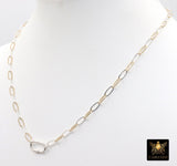 Mixed Metal Paperclip Chain Carabiner Necklace, 14 K Gold Filled & Sterling Silver Screw Clasp,Two Tone Oval Link, Waterproof