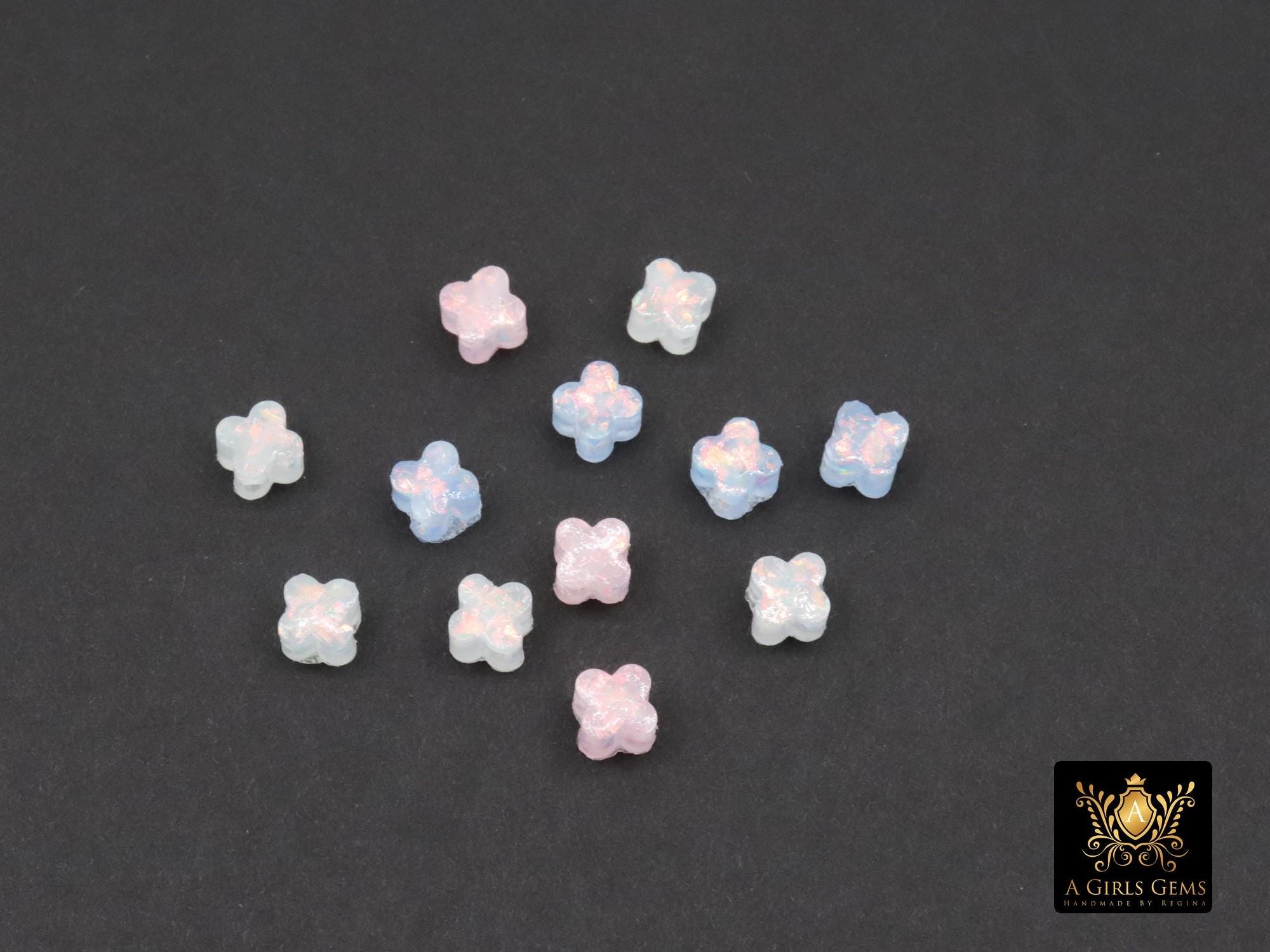 Clover 6 mm Beads, Pink Blue or White Opalite Small Dainty Quatrefoil Beads # 3675, 1 mm Side to Side Holes