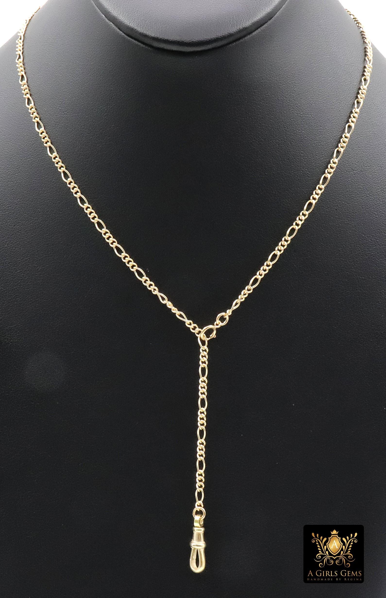925 Sterling Silver Swivel Fob Figaro Necklace, 14 K Gold Filled Double Charms Chain Adjustable Lariat Choker, Figaro Charm Necklace