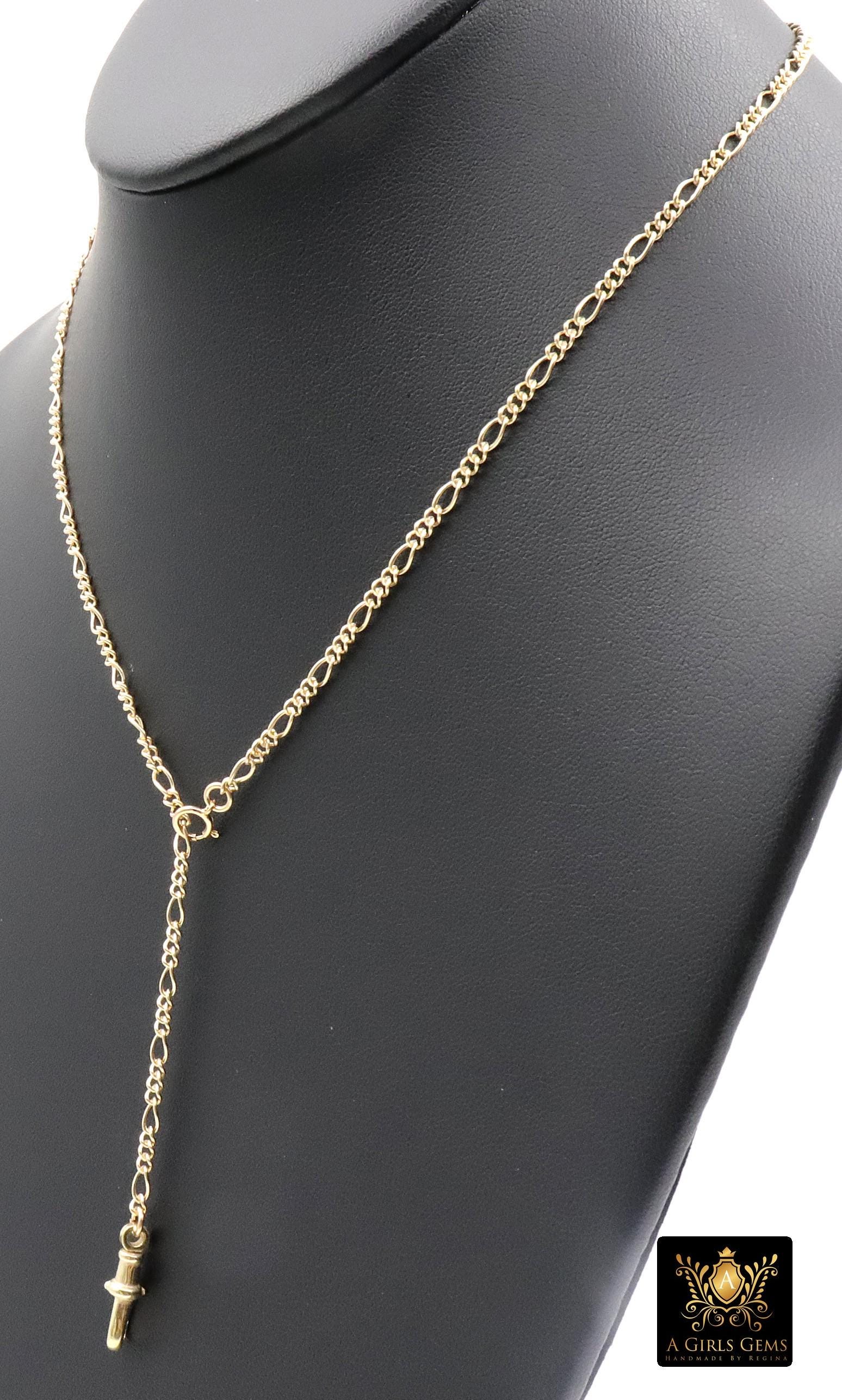 925 Sterling Silver Swivel Fob Figaro Necklace, 14 K Gold Filled Double Charms Chain Adjustable Lariat Choker, Figaro Charm Necklace