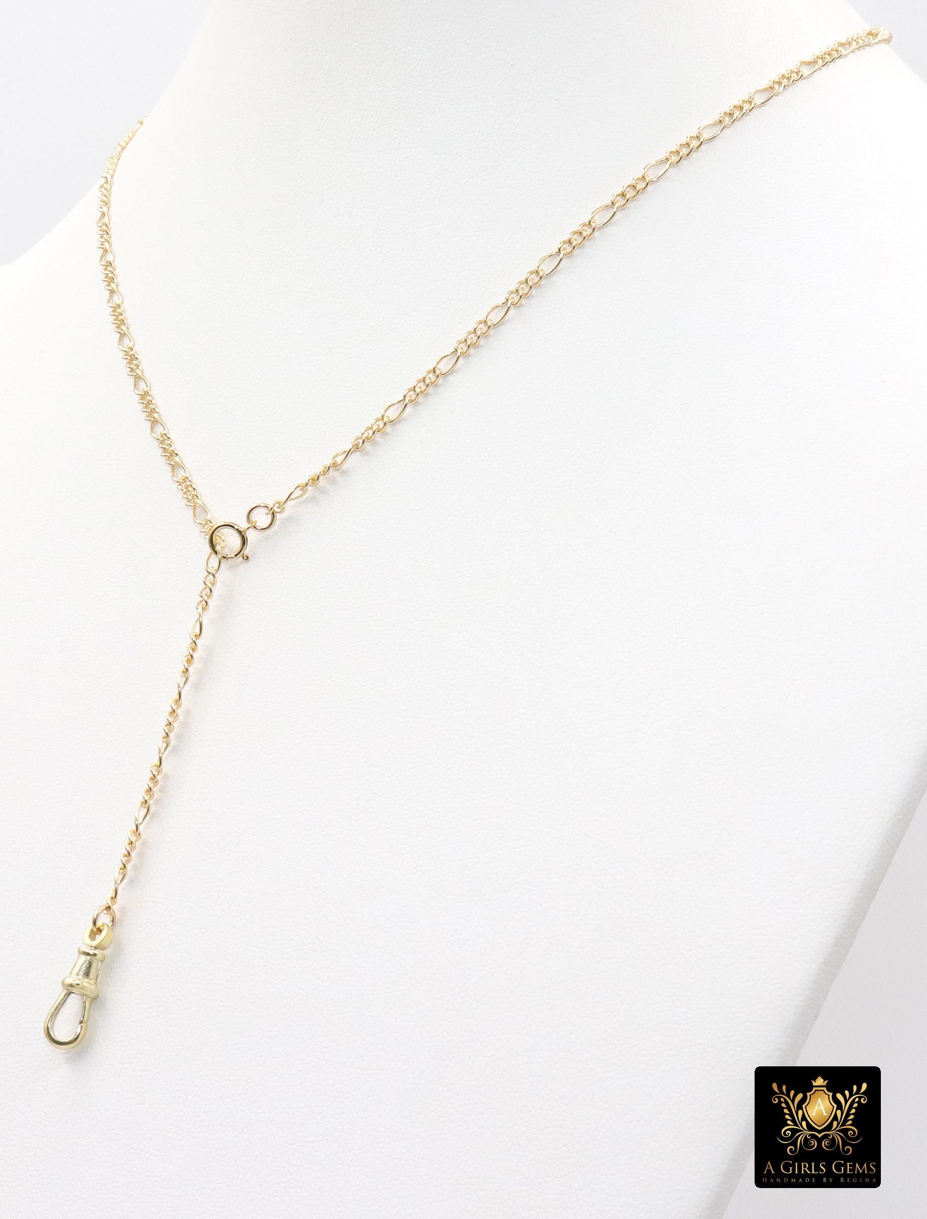 925 Sterling Silver Swivel Fob Figaro Necklace, 14 K Gold Filled Double Charms Chain Adjustable Lariat Choker, Figaro Charm Necklace
