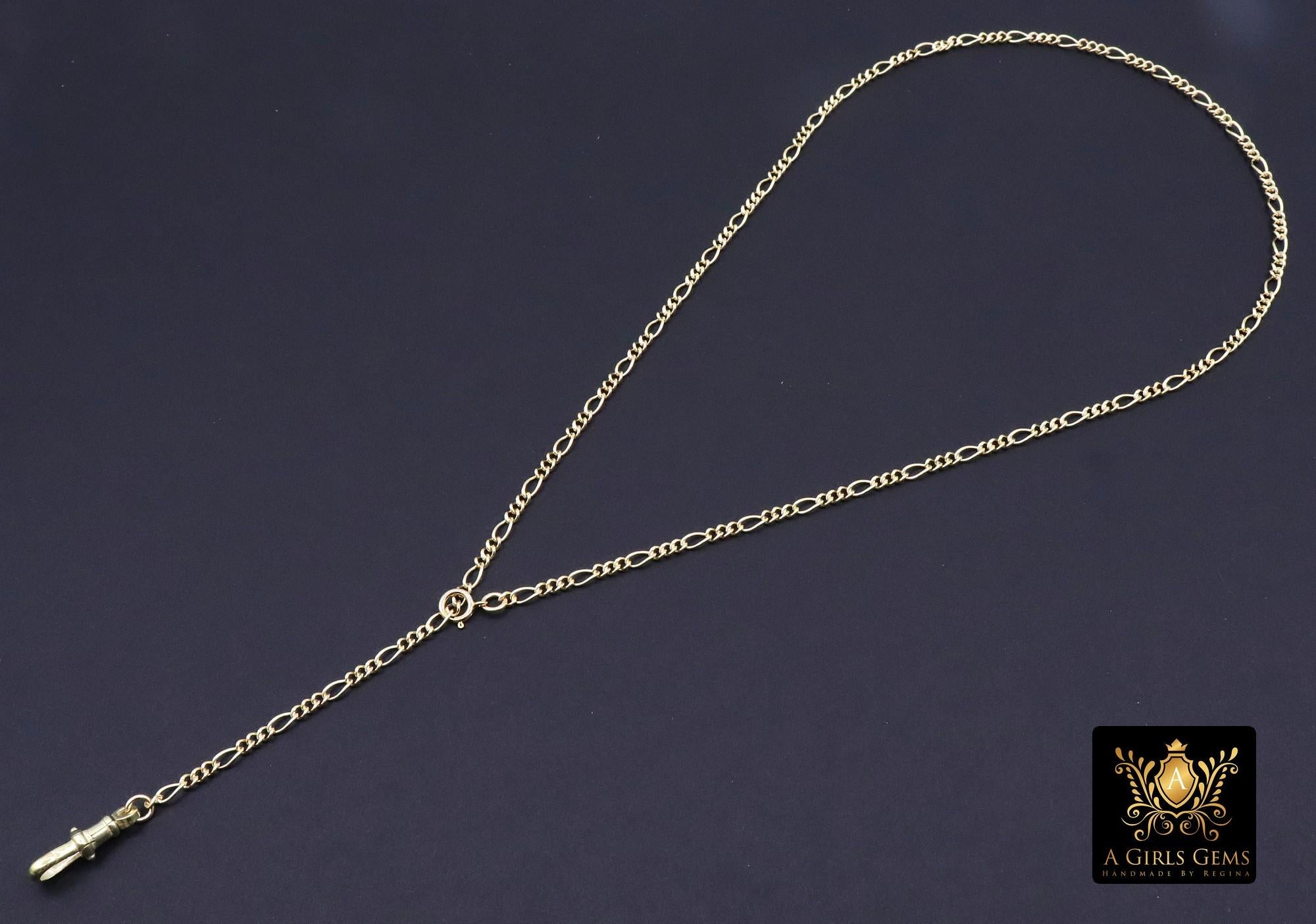 925 Sterling Silver Swivel Fob Figaro Necklace, 14 K Gold Filled Double Charms Chain Adjustable Lariat Choker, Figaro Charm Necklace