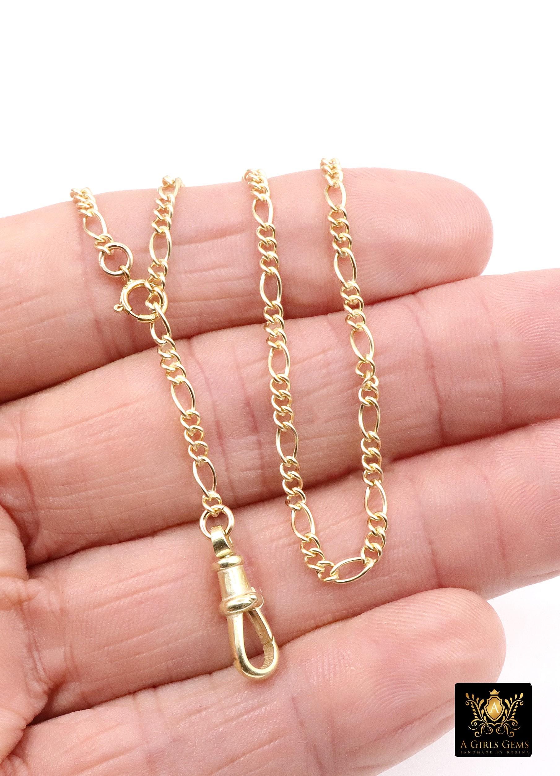925 Sterling Silver Swivel Fob Figaro Necklace, 14 K Gold Filled Double Charms Chain Adjustable Lariat Choker, Figaro Charm Necklace