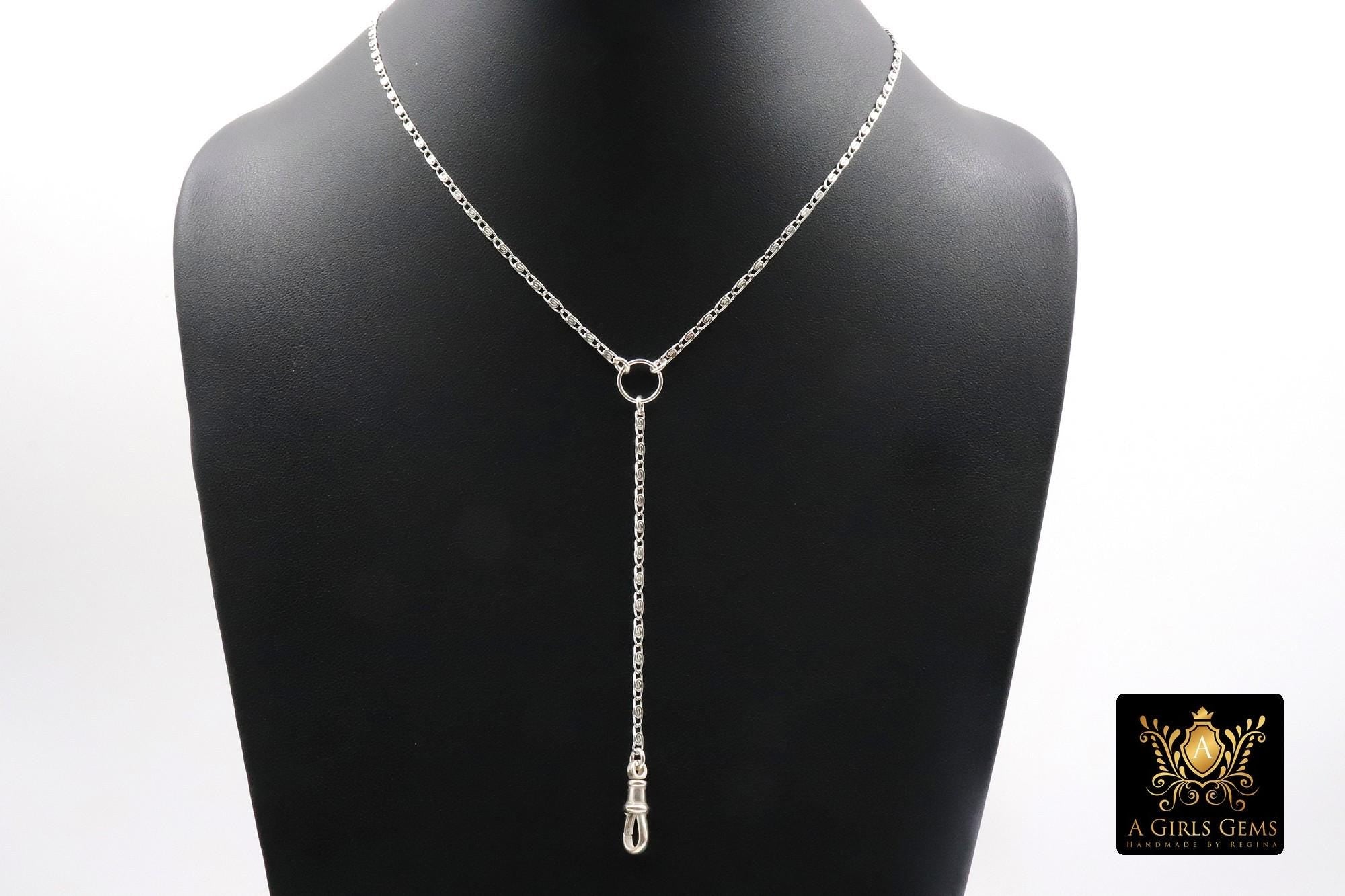 925 Sterling Silver Swivel Fob Bar Necklace, Silver Scroll Bar Chain Lariat Choker, Lumachina Charm Necklace, 3 Inch Drop Down Choker