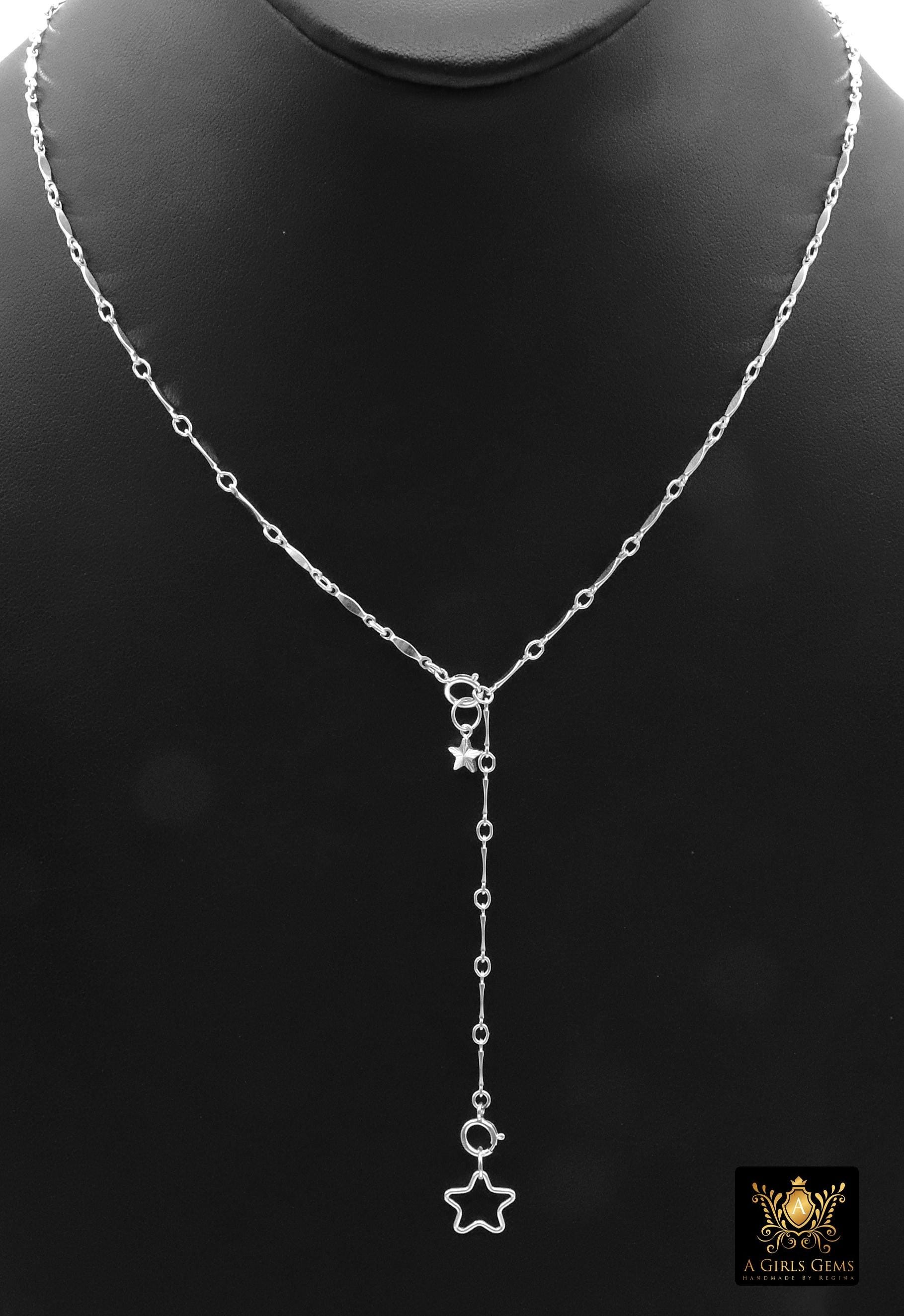 925 Sterling Silver Long Bar Necklace, Adjustable 14 K Gold Filled Bar Chain Lariat Choker, Long Bar Charms Necklace, Double Clasps Necklace