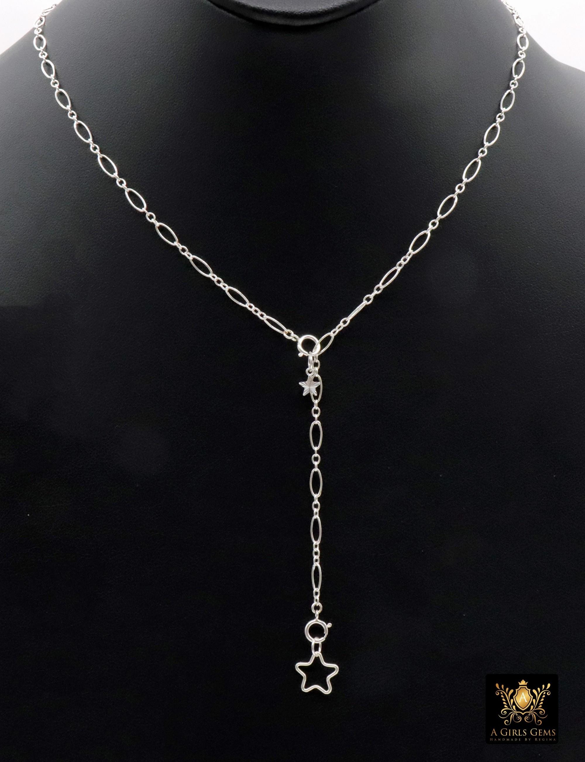 925 Sterling Silver Oval Rolo Bar Necklace, Adjustable 14 K Gold Filled Lariat Choker, Long Short Bar Charm Necklace, Double Clasps Necklace