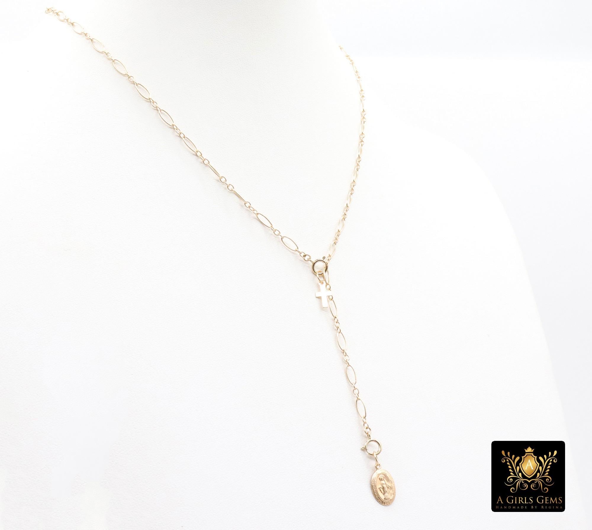 925 Sterling Silver Oval Rolo Bar Necklace, Adjustable 14 K Gold Filled Lariat Choker, Long Short Bar Charm Necklace, Double Clasps Necklace