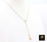 925 Sterling Silver Oval Rolo Bar Necklace, Adjustable 14 K Gold Filled Lariat Choker, Long Short Bar Charm Necklace