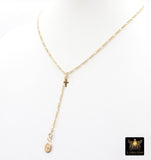 925 Sterling Silver Figaro Necklace, Adjustable 14 K Gold Filled Lariat Choker, Long Short Charm Necklace, Double Clasps Necklace