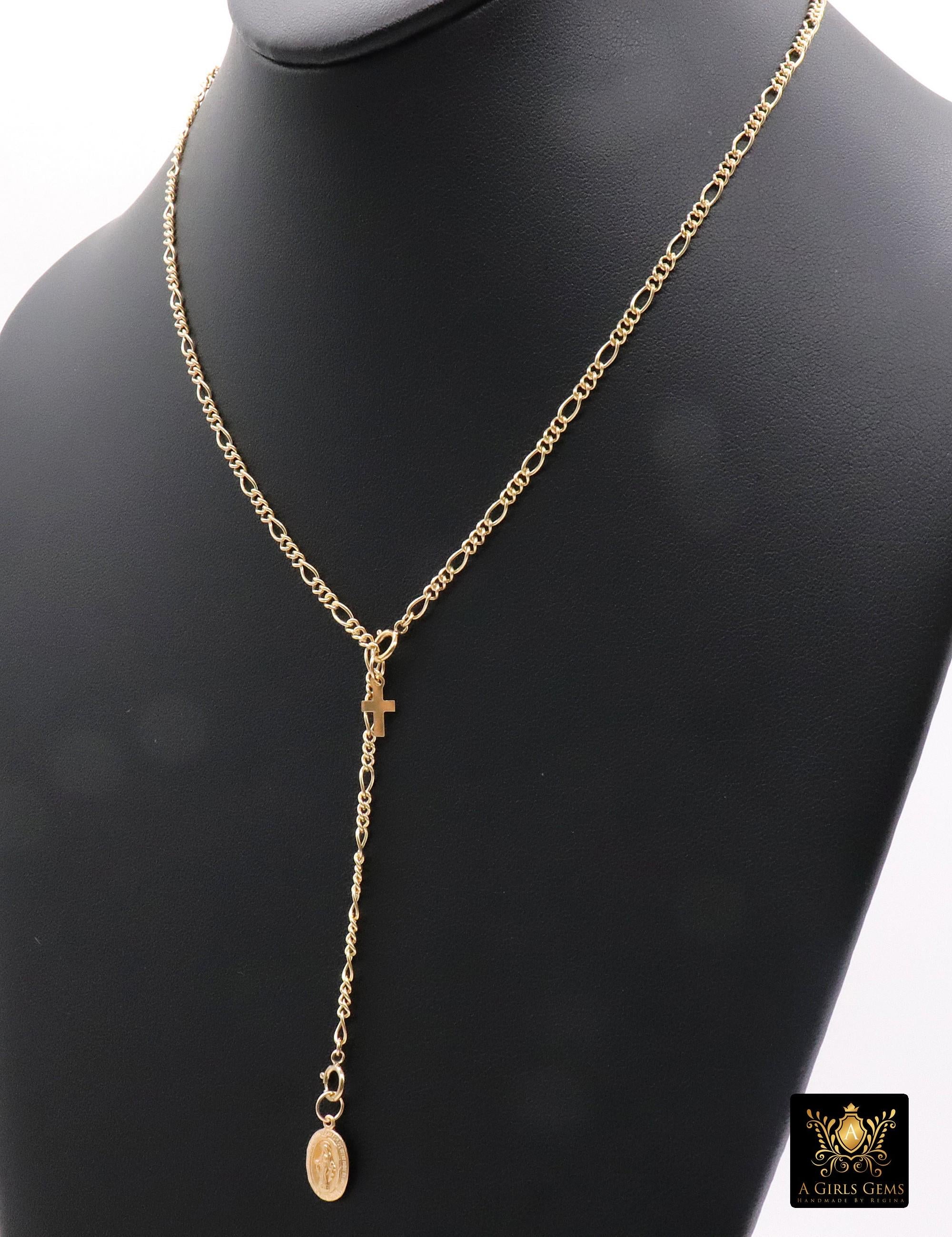 925 Sterling Silver Figaro Necklace, Adjustable 14 K Gold Filled Lariat Choker, Long Short Charm Necklace, Double Clasps Necklace