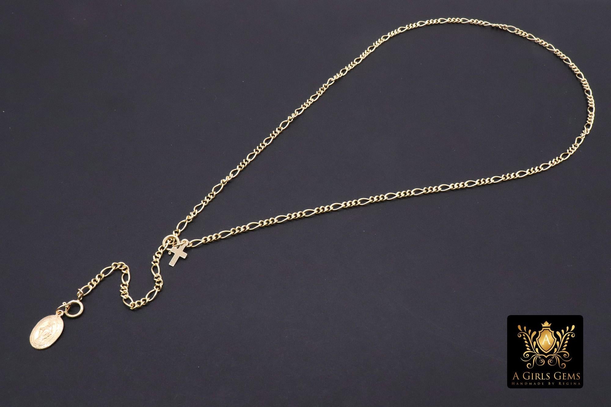 925 Sterling Silver Figaro Necklace, Adjustable 14 K Gold Filled Lariat Choker, Long Short Charm Necklace, Double Clasps Necklace