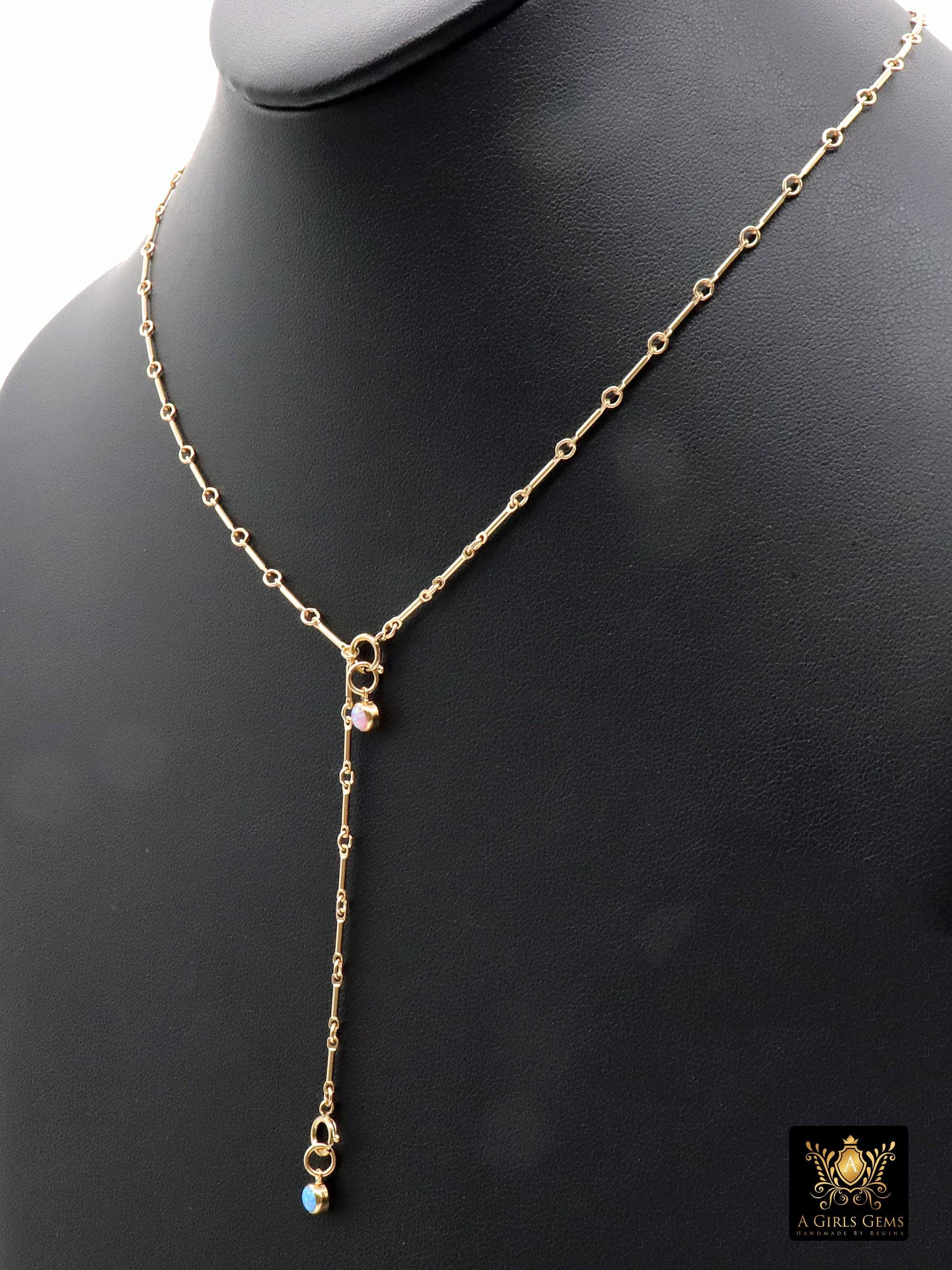 925 Sterling Silver Long Bar Necklace, Adjustable 14 K Gold Filled Bar Chain Lariat Choker, Long Bar Charms Necklace, Double Clasps Necklace