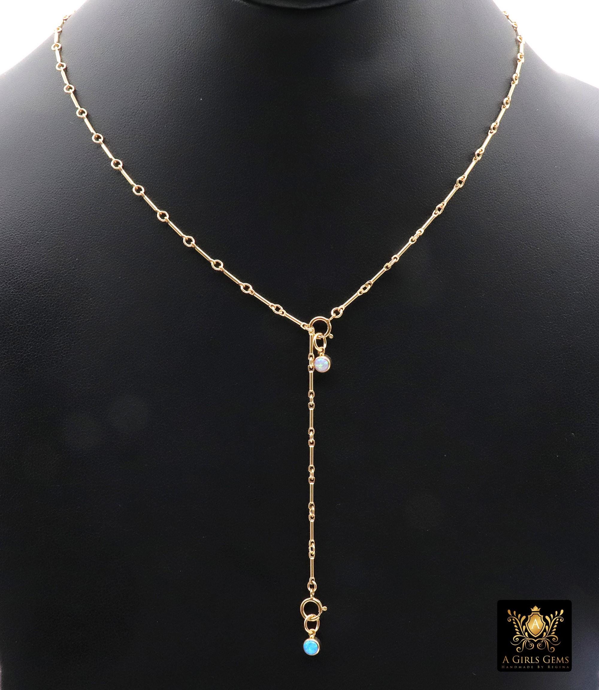 925 Sterling Silver Long 8 mm Bar Necklace, Adjustable 14 K Gold Filled Bar Chain Lariat Choker, Long Bar Charms Necklace, Double Clasps Necklace