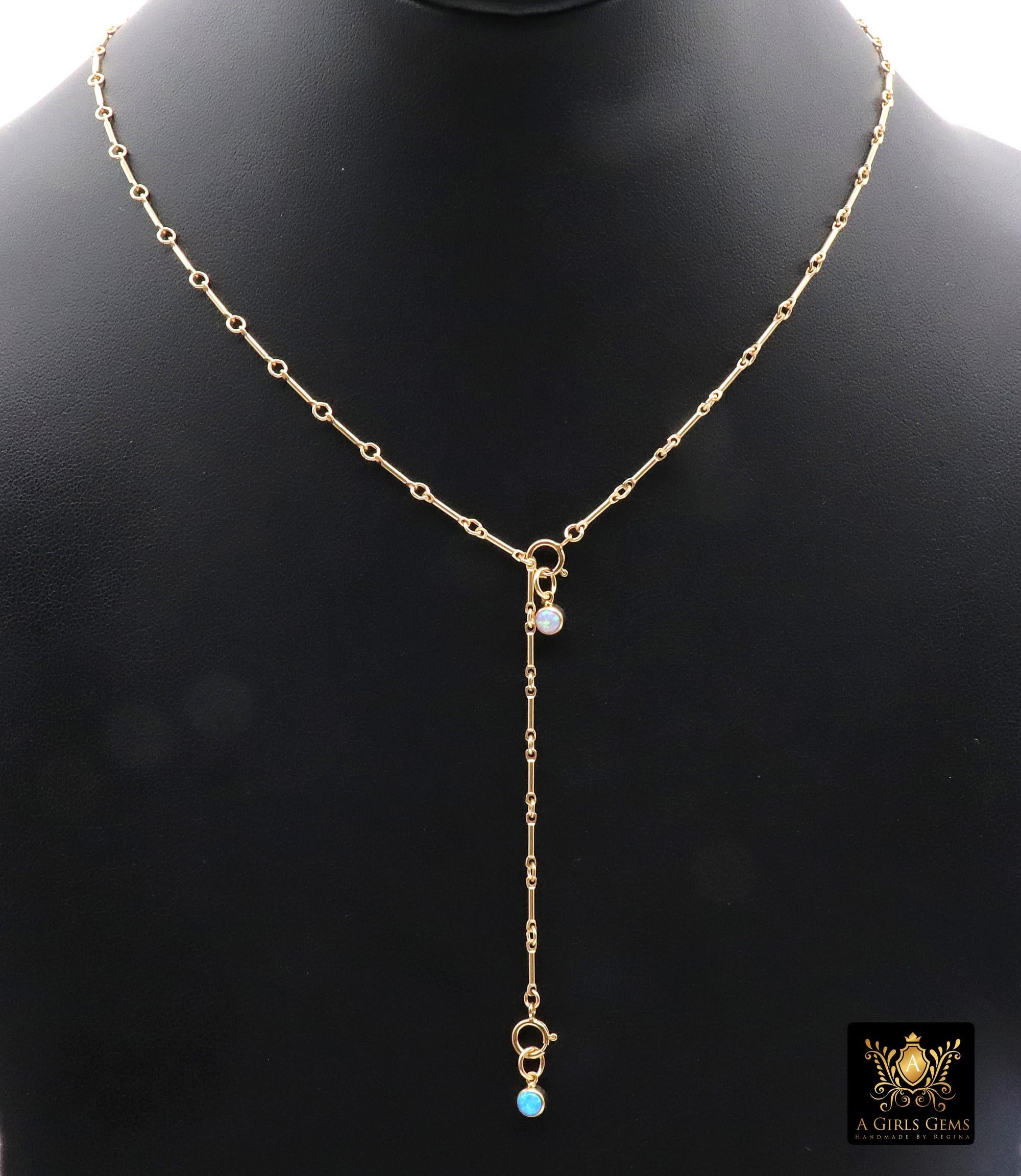 925 Sterling Silver Long 8 mm Bar Necklace, Adjustable 14 K Gold Filled Bar Chain Lariat Choker, Long Bar Charms Necklace, Double Clasps Necklace