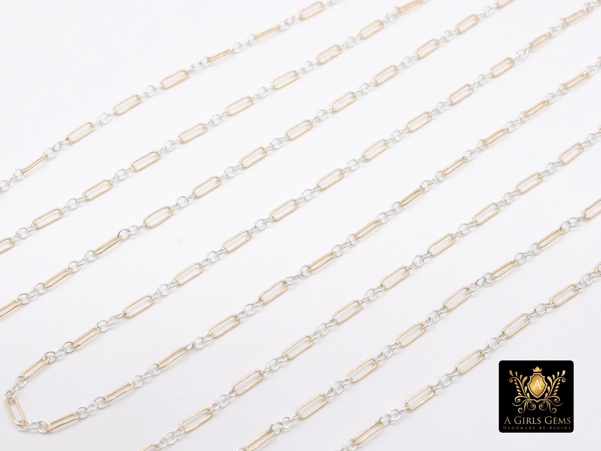 14 K Gold Filled Bar Mixed Metal Chain, 1.6 mm Two Tone 925 Sterling Silver Cable CH# 897, 4.8 mm or 6.5mm