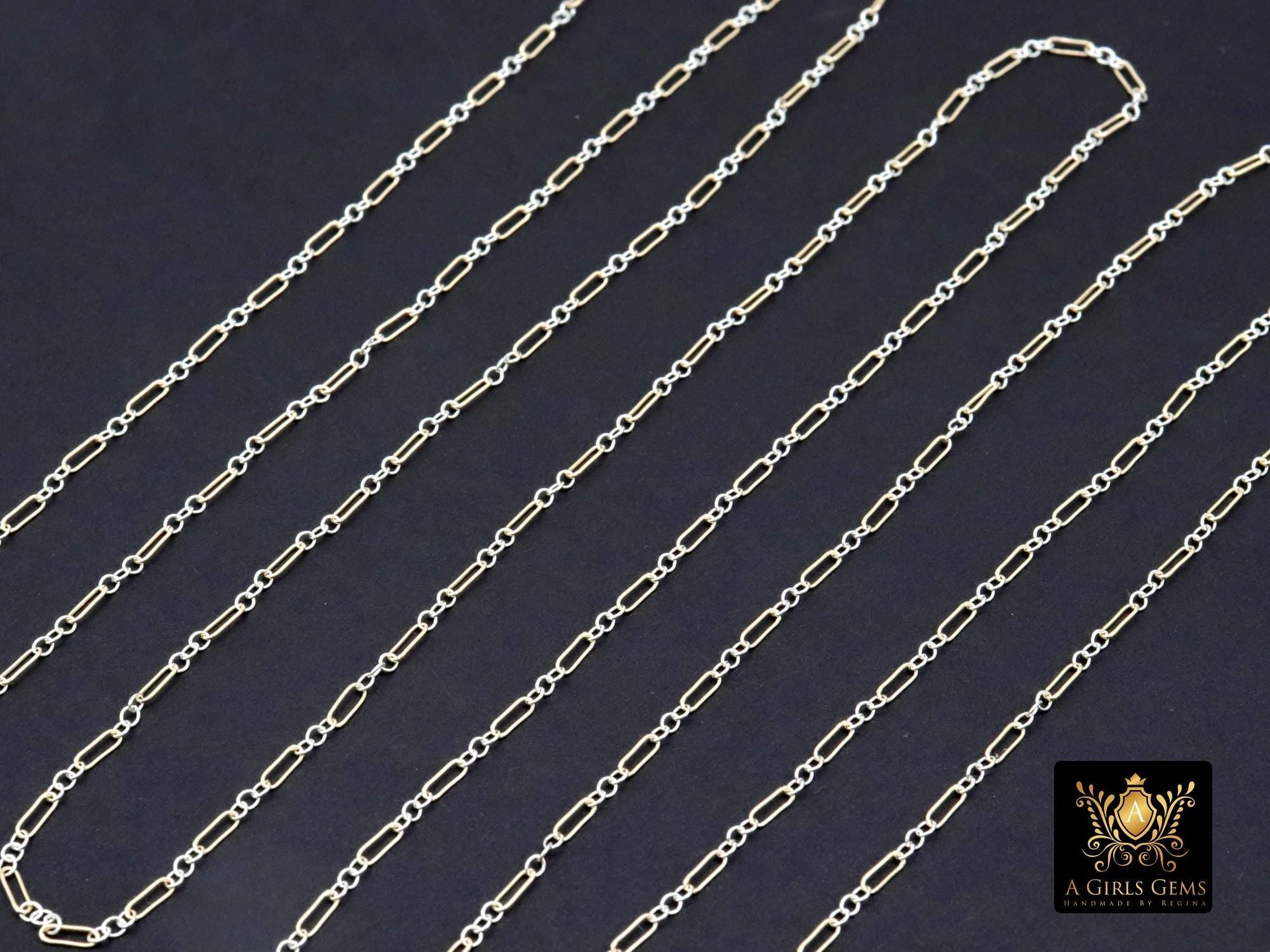 14 K Gold Filled Bar Mixed Metal Chain, 1.6 mm Two Tone 925 Sterling Silver Cable CH# 897, 4.8 mm Unfinished Long and Short