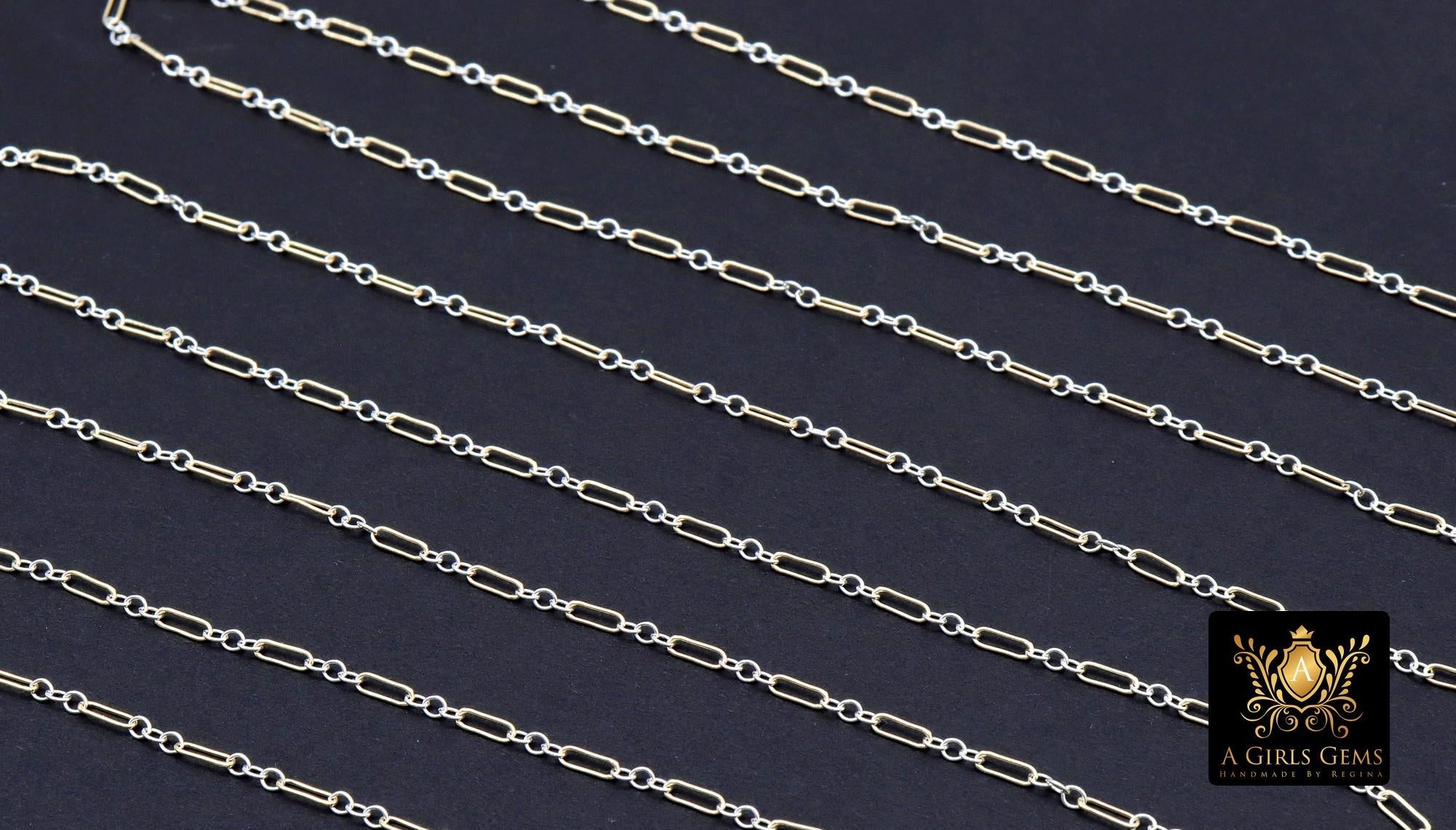 14 K Gold Filled Bar Mixed Metal Chain, 1.6 mm Two Tone 925 Sterling Silver Cable CH# 897, 4.8 mm Unfinished Long and Short