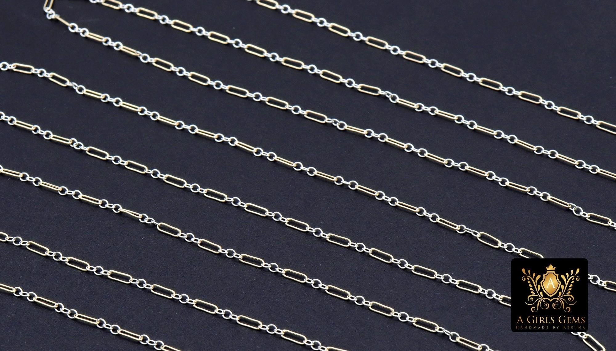 14 K Gold Filled Bar Mixed Metal Chain, 1.6 mm Two Tone 925 Sterling Silver Cable CH# 897, 4.8 mm Unfinished Long and Short