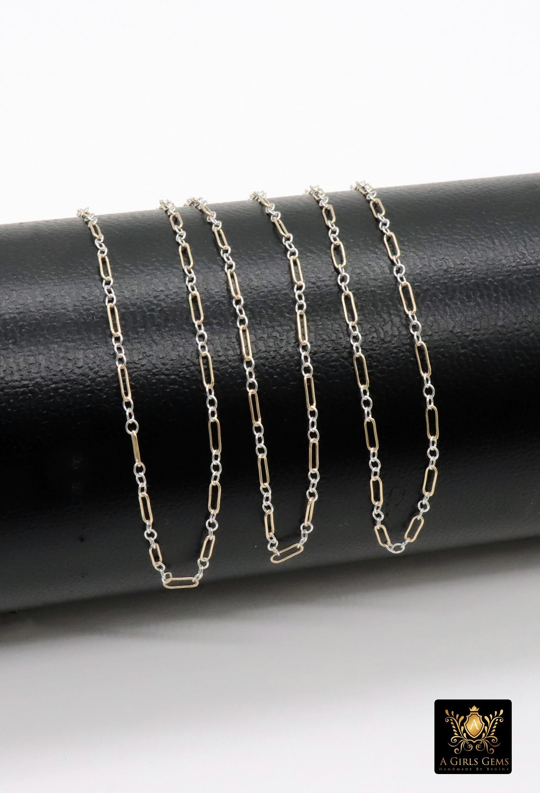 14 K Gold Filled Bar Mixed Metal Chain, 1.6 mm Two Tone 925 Sterling Silver Cable, 4.8 mm Unfinished Long and Short, By the Foot