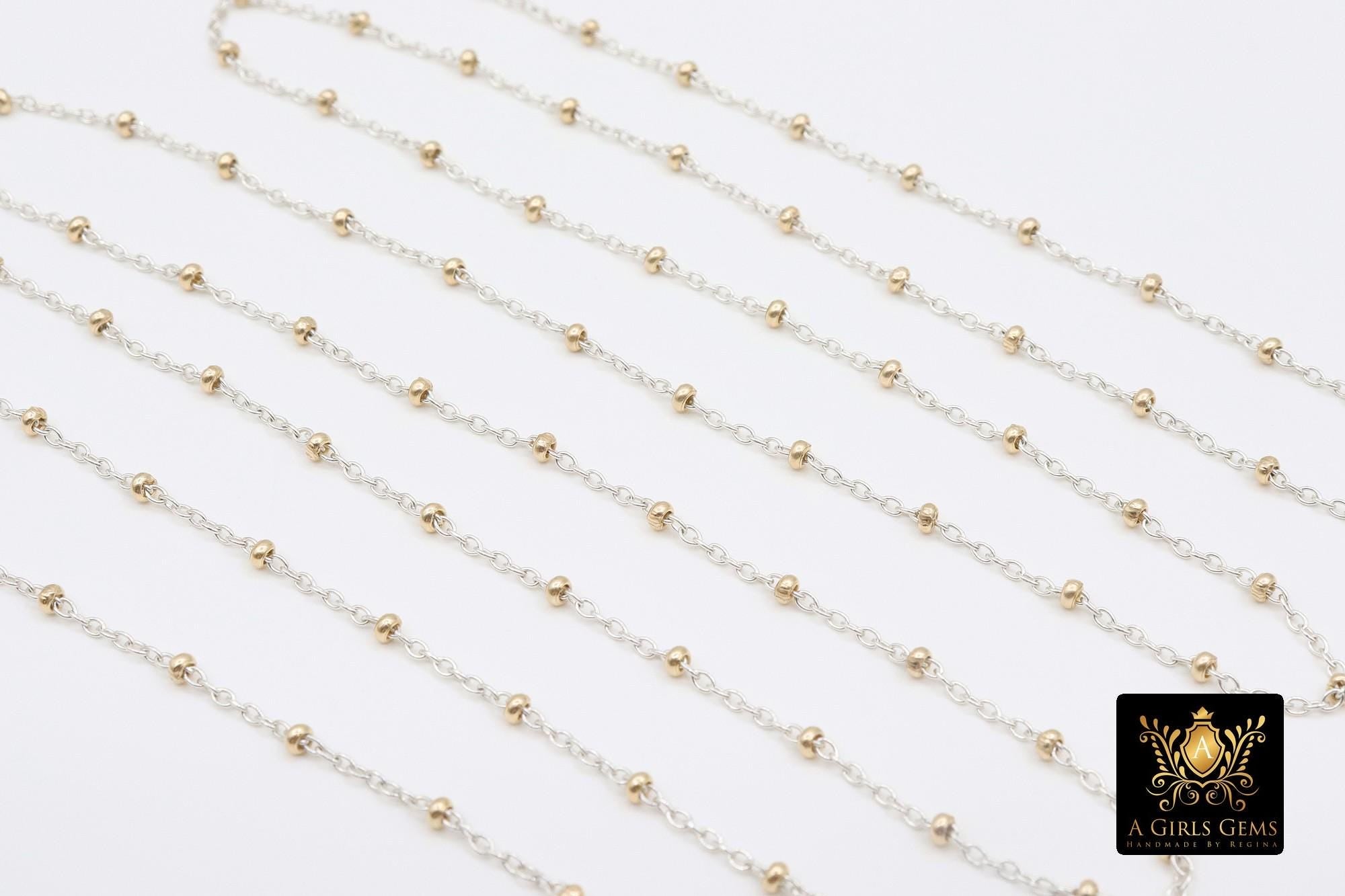 14 K Gold Filled Two Tone Satellite Chains, 925 Sterling Silver Mixed Metal 2.3 mm Beaded Fancy 1.4 mm Cable Chains CH# 967, By The Foot