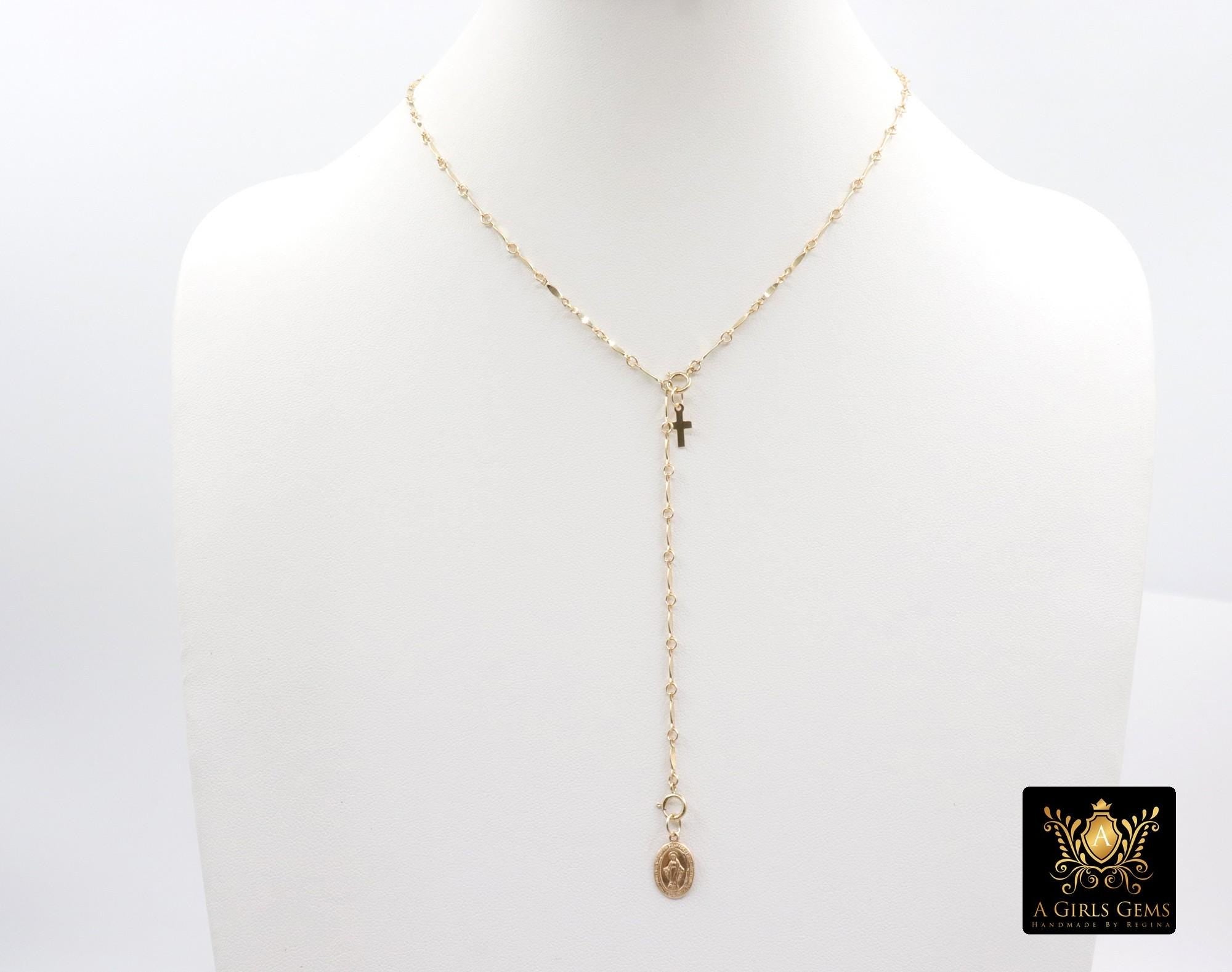 14 K Gold Filled Swivel Fob Bar Necklace, 925 Sterling Silver Figaro Chain Adjustable Lariat Choker, Figaro Charm Necklace