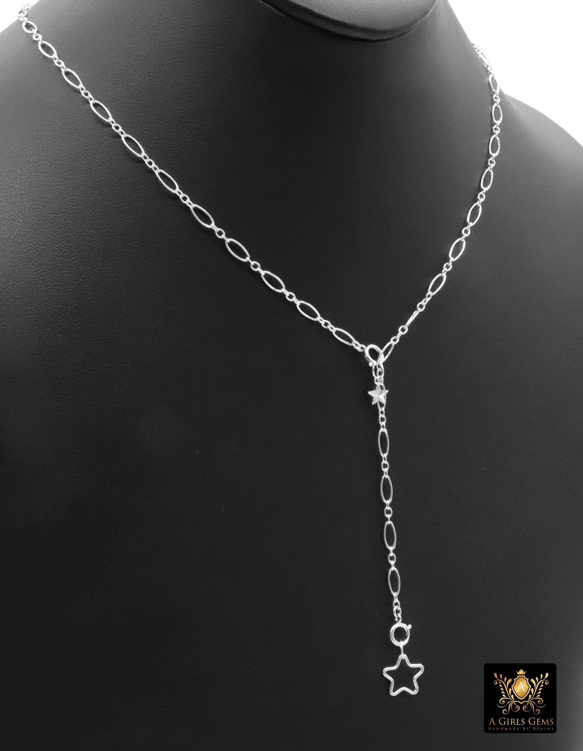 925 Sterling Silver Oval Rolo Bar Necklace, Adjustable 14 K Gold Filled Lariat Choker, Long Short Bar Charm Necklace, Double Clasps Necklace