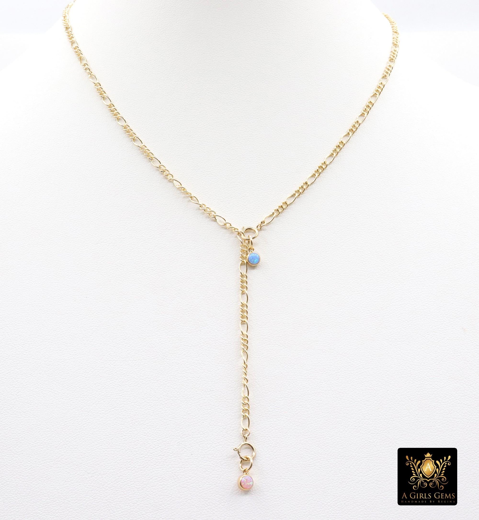 925 Sterling Silver Figaro Necklace, Adjustable 14 K Gold Filled Lariat Choker, Long Short Charm Necklace, Double Clasps Necklace