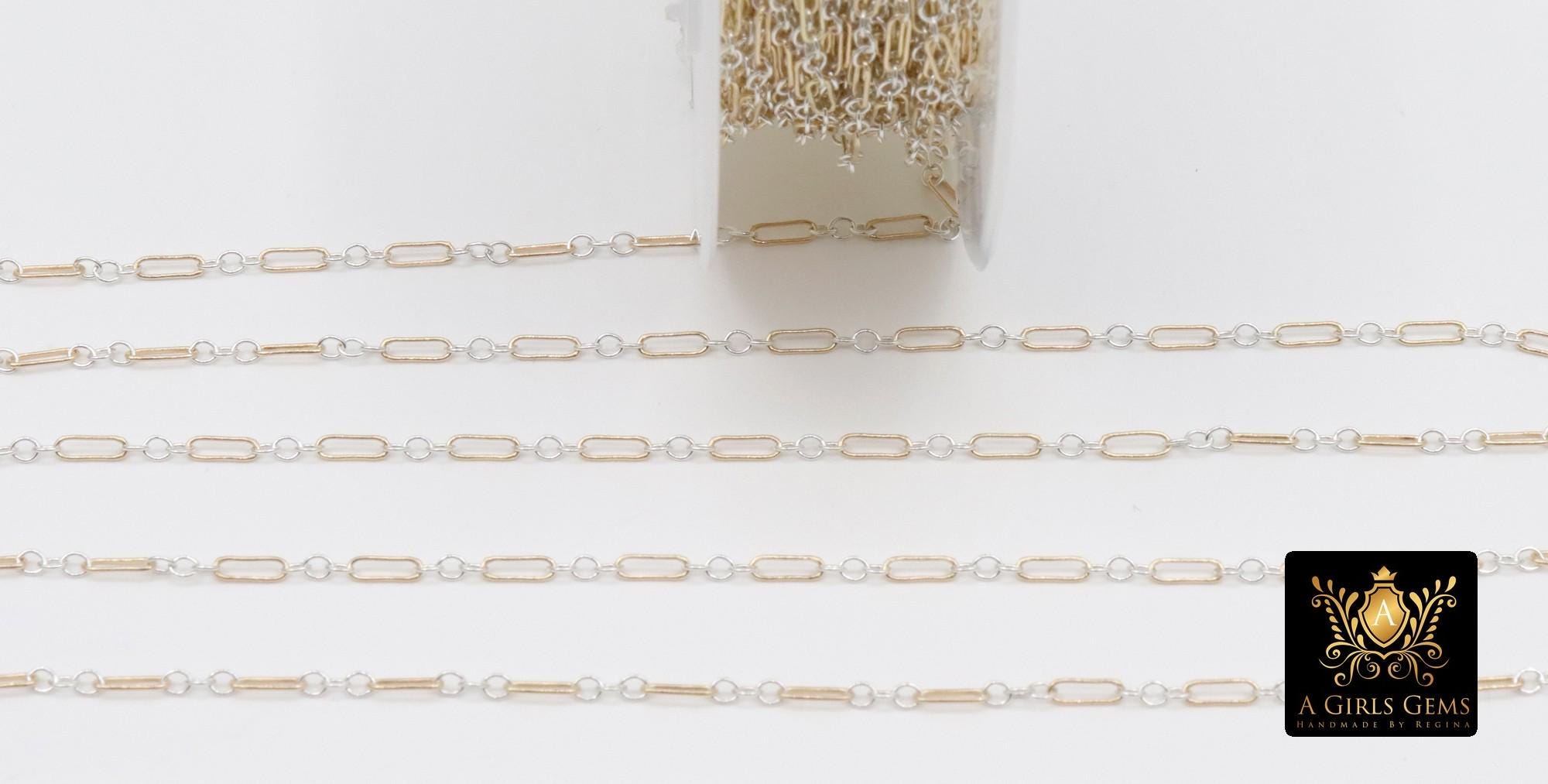 14 K Gold Filled Bar Mixed Metal Chain, 1.6 mm Two Tone 925 Sterling Silver Cable CH# 897, 4.8 mm or 6.5mm