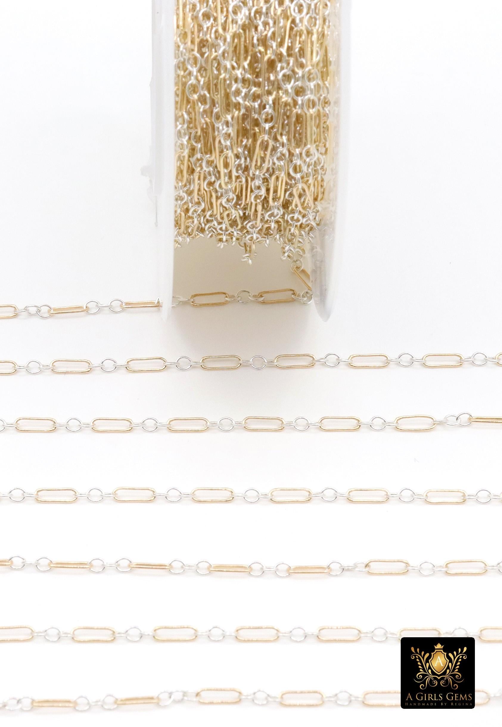 14 K Gold Filled Bar Mixed Metal Chain, 1.6 mm Two Tone 925 Sterling Silver Cable CH# 897, 4.8 mm Unfinished Long and Short