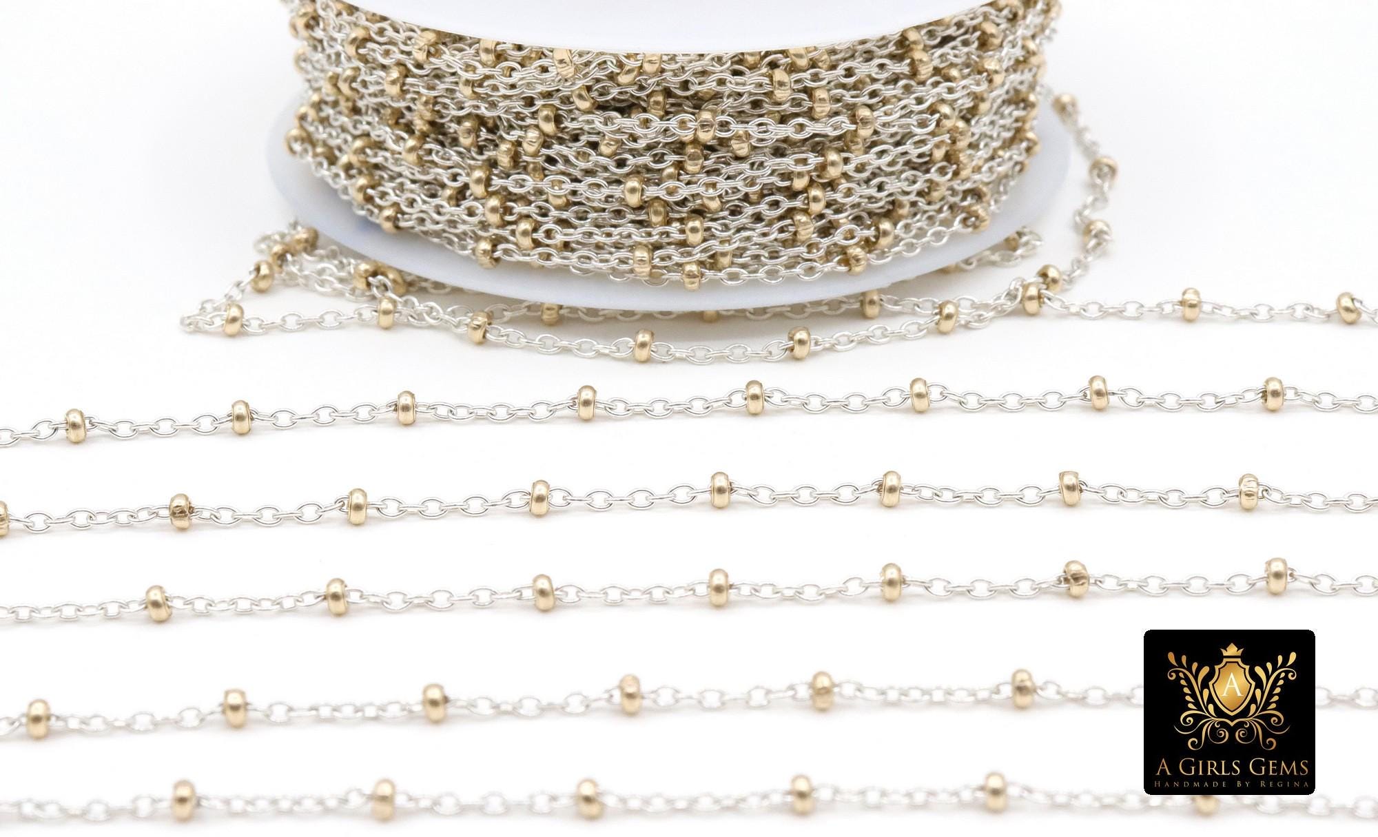 14 K Gold Filled Two Tone Satellite Chains, 925 Sterling Silver Mixed Metal 2.3 mm Beaded Fancy 1.4 mm Cable Chains CH# 898, By The Foot