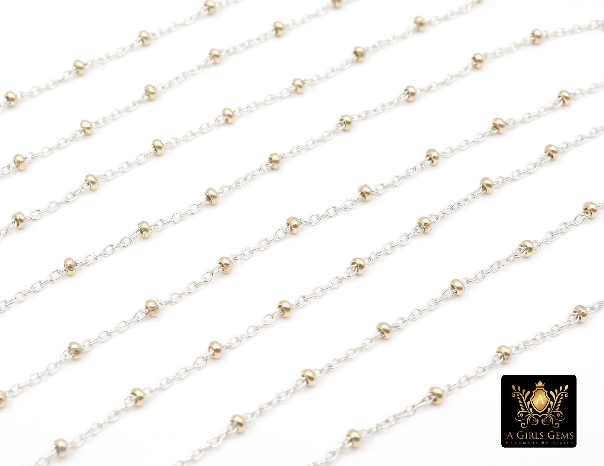 14 K Gold Filled Two Tone Satellite Chains, 925 Sterling Silver Mixed Metal 2.3 mm Beaded Fancy 1.4 mm Cable Chains CH# 898, By The Foot