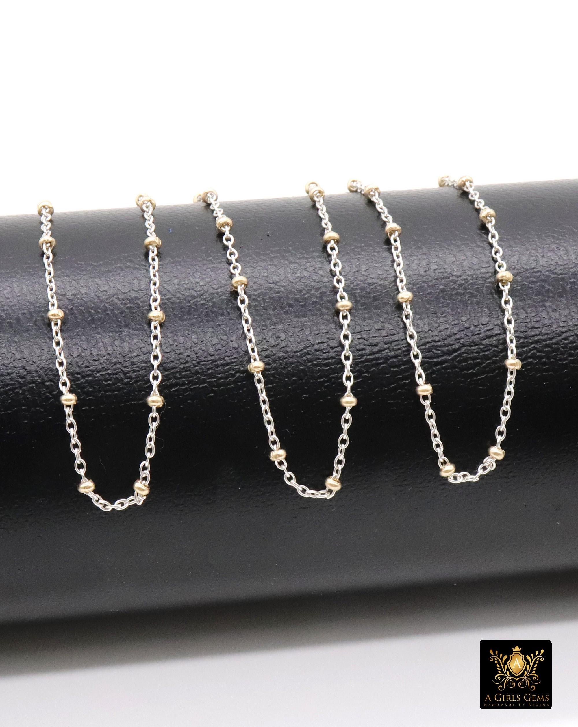 14 K Gold Filled Two Tone Satellite Chains, 925 Sterling Silver Mixed Metal 2.3 mm Beaded Fancy 1.4 mm Cable Chains CH# 898, By The Foot