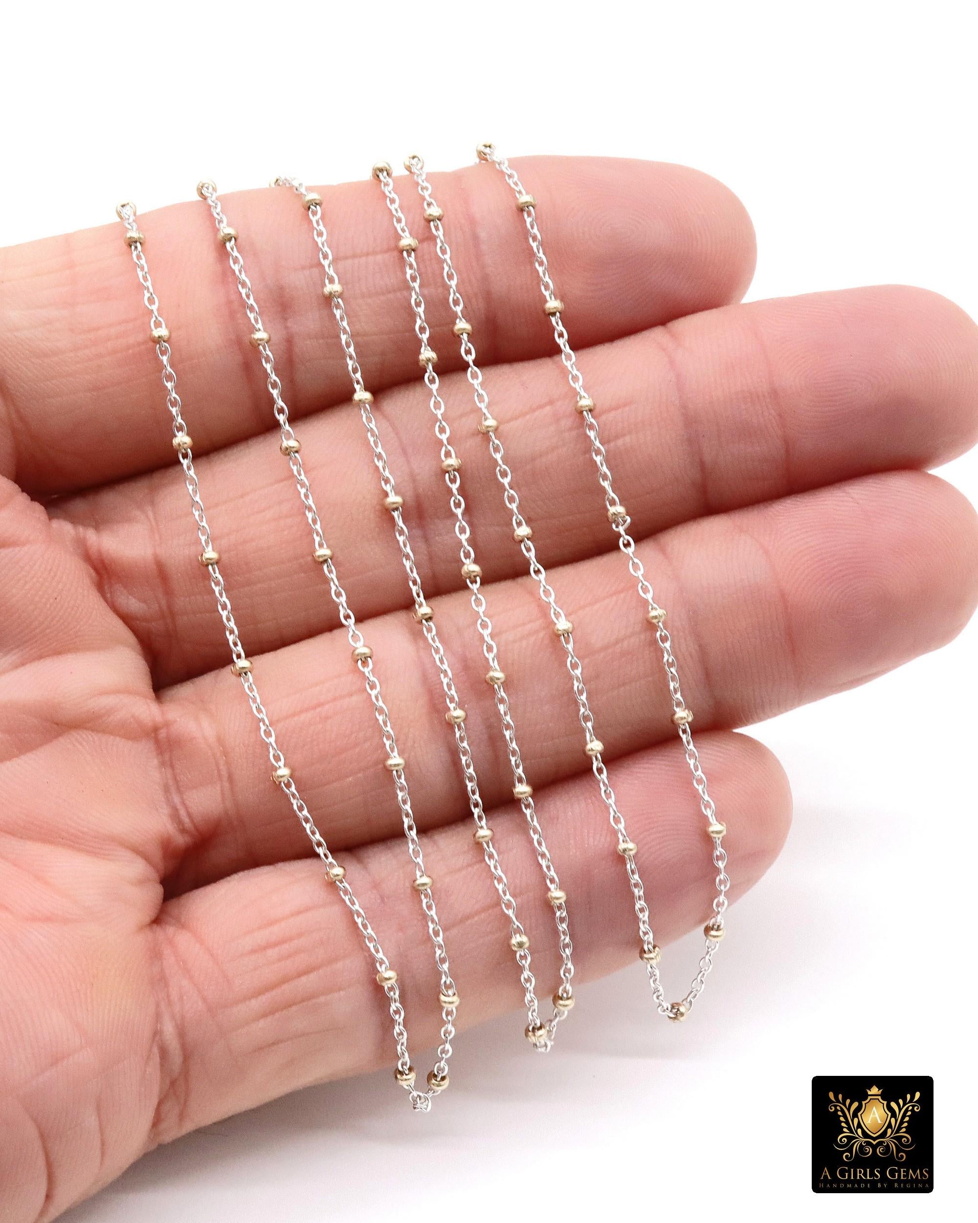 14 K Gold Filled Two Tone Satellite Chains, 925 Sterling Silver Mixed Metal 2.3 mm Beaded Fancy 1.4 mm Cable, By The Foot