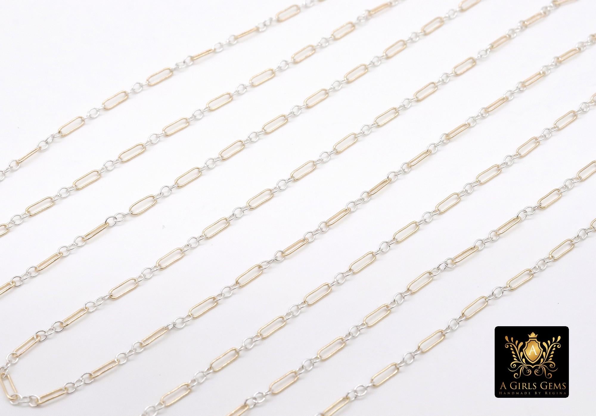 14 K Gold Filled Bar Mixed Metal Chain, 1.6 mm Two Tone 925 Sterling Silver Cable, 4.8 mm Unfinished Long and Short, By the Foot