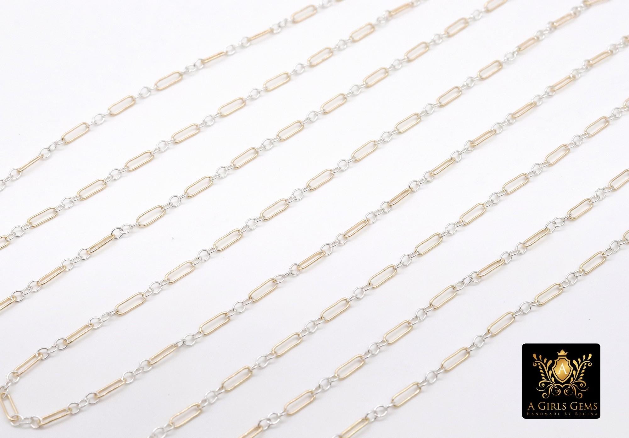 14 K Gold Filled Bar Mixed Metal Chain, 1.6 mm Two Tone 925 Sterling Silver Cable, 4.8 mm Unfinished Long and Short, By the Foot