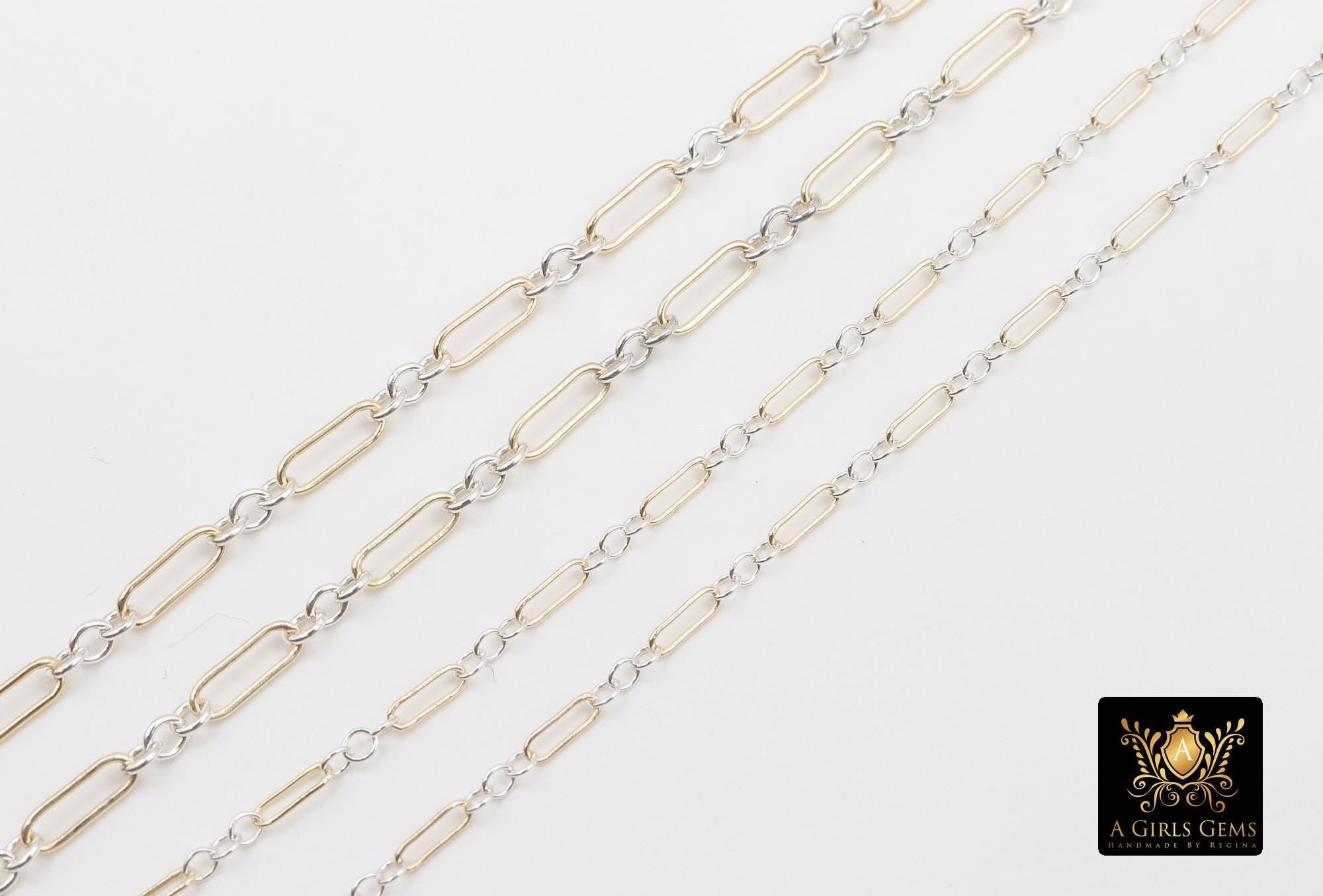 14 K Gold Filled Bar Mixed Metal Chain, 1.6 mm Two Tone 925 Sterling Silver Cable CH# 897, 4.8 mm or 6.5mm