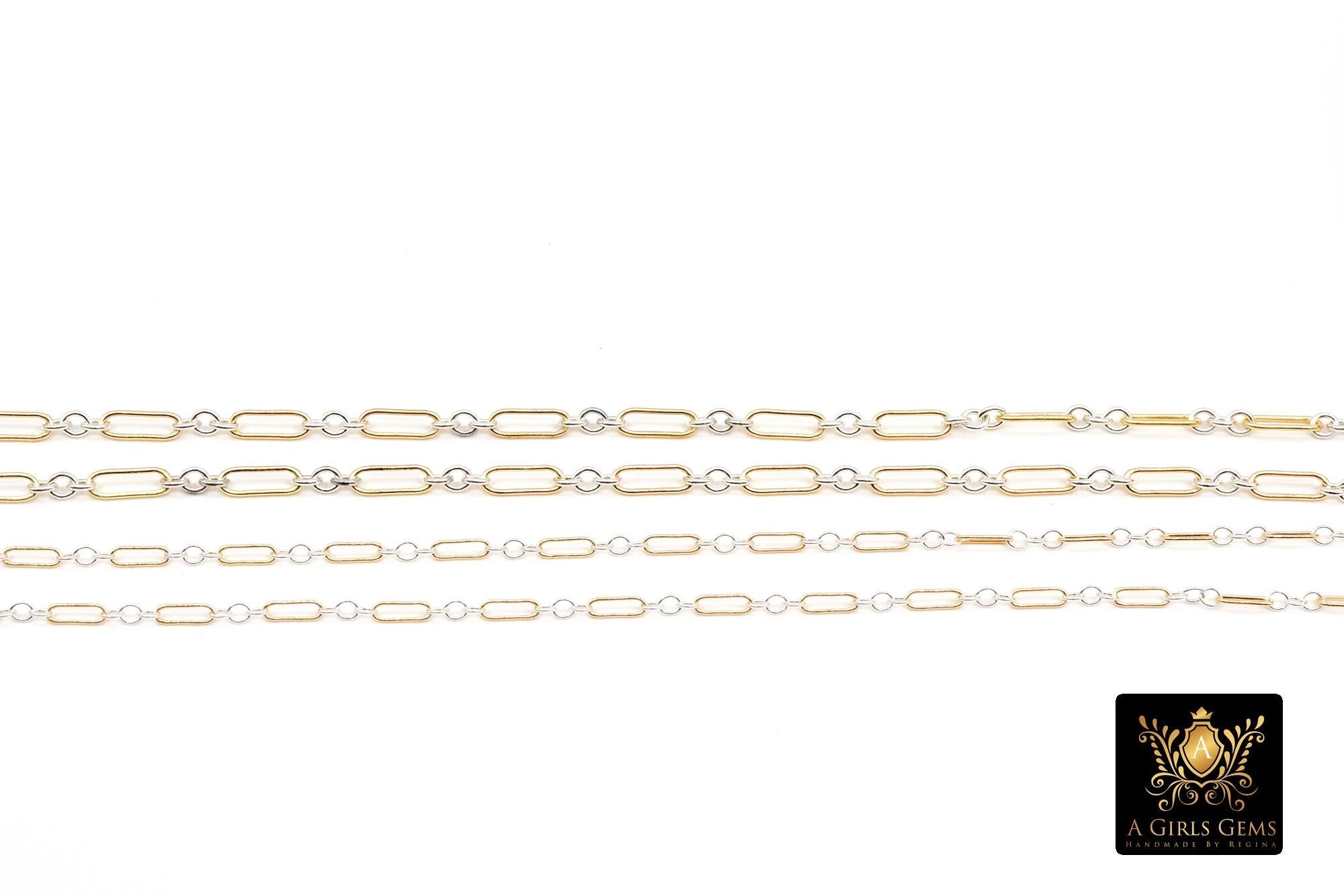 14 K Gold Filled Bar Mixed Metal Chain, 1.6 mm Two Tone 925 Sterling Silver Cable CH# 897, 4.8 mm Unfinished Long and Short