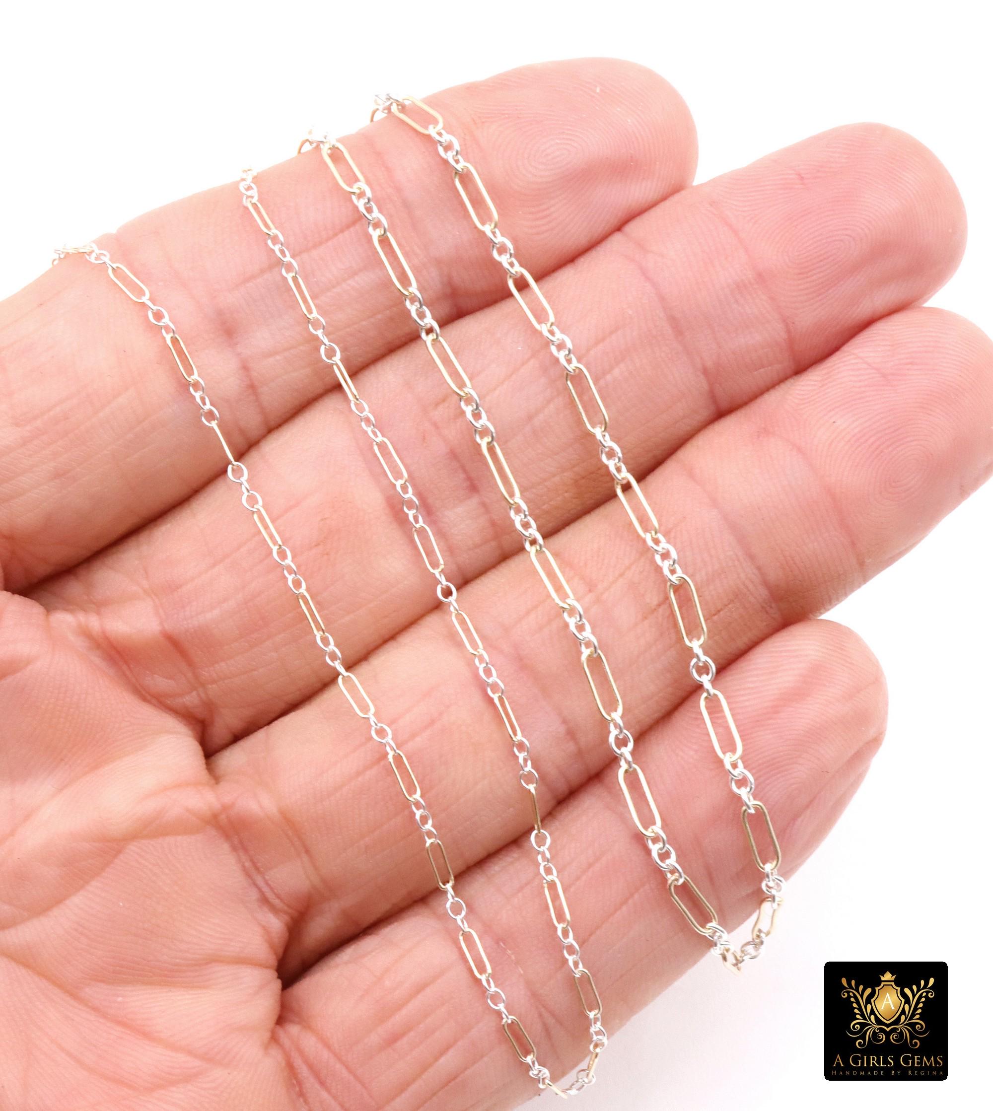 14 K Gold Filled Bar Mixed Metal Chain, 1.6 mm Two Tone 925 Sterling Silver Cable CH# 897, 4.8 mm Unfinished Long and Short